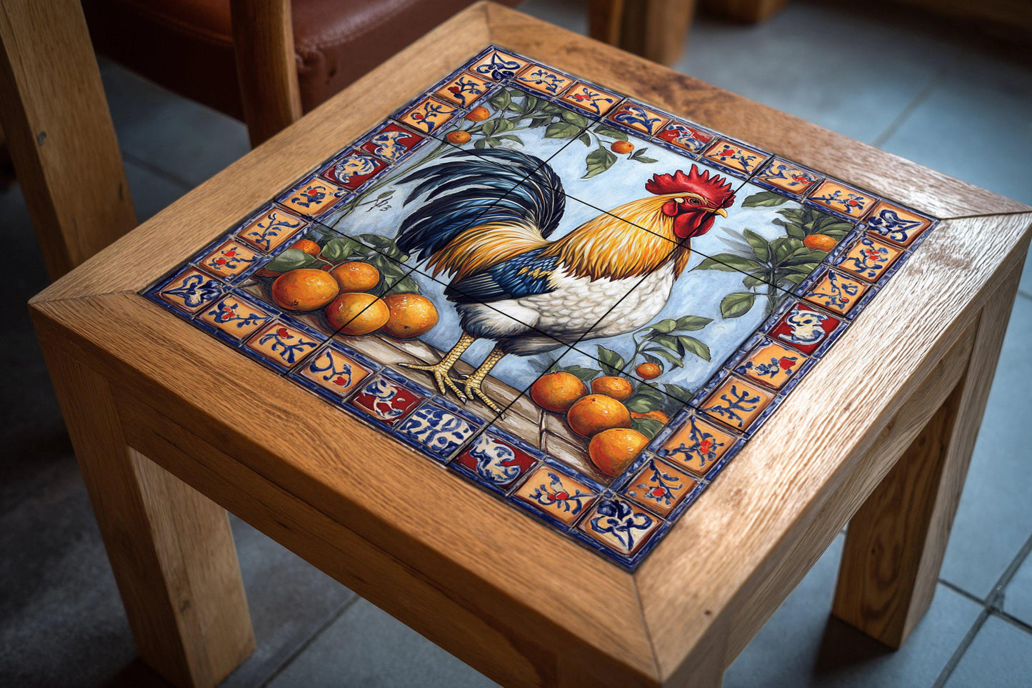 Mediterranean rooster ceramic mural: colorful farm scene with oranges and folk border, Andalusian decorative tile