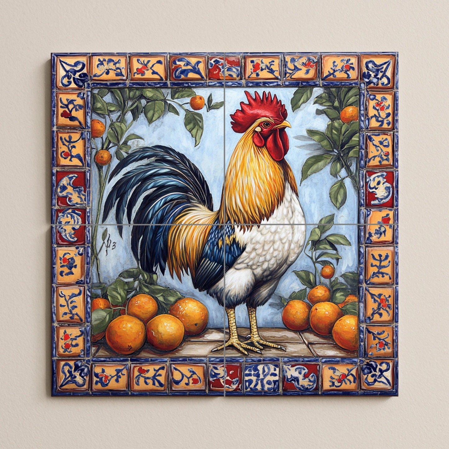 Mediterranean rooster ceramic mural: colorful farm scene with oranges and folk border, Andalusian decorative tile