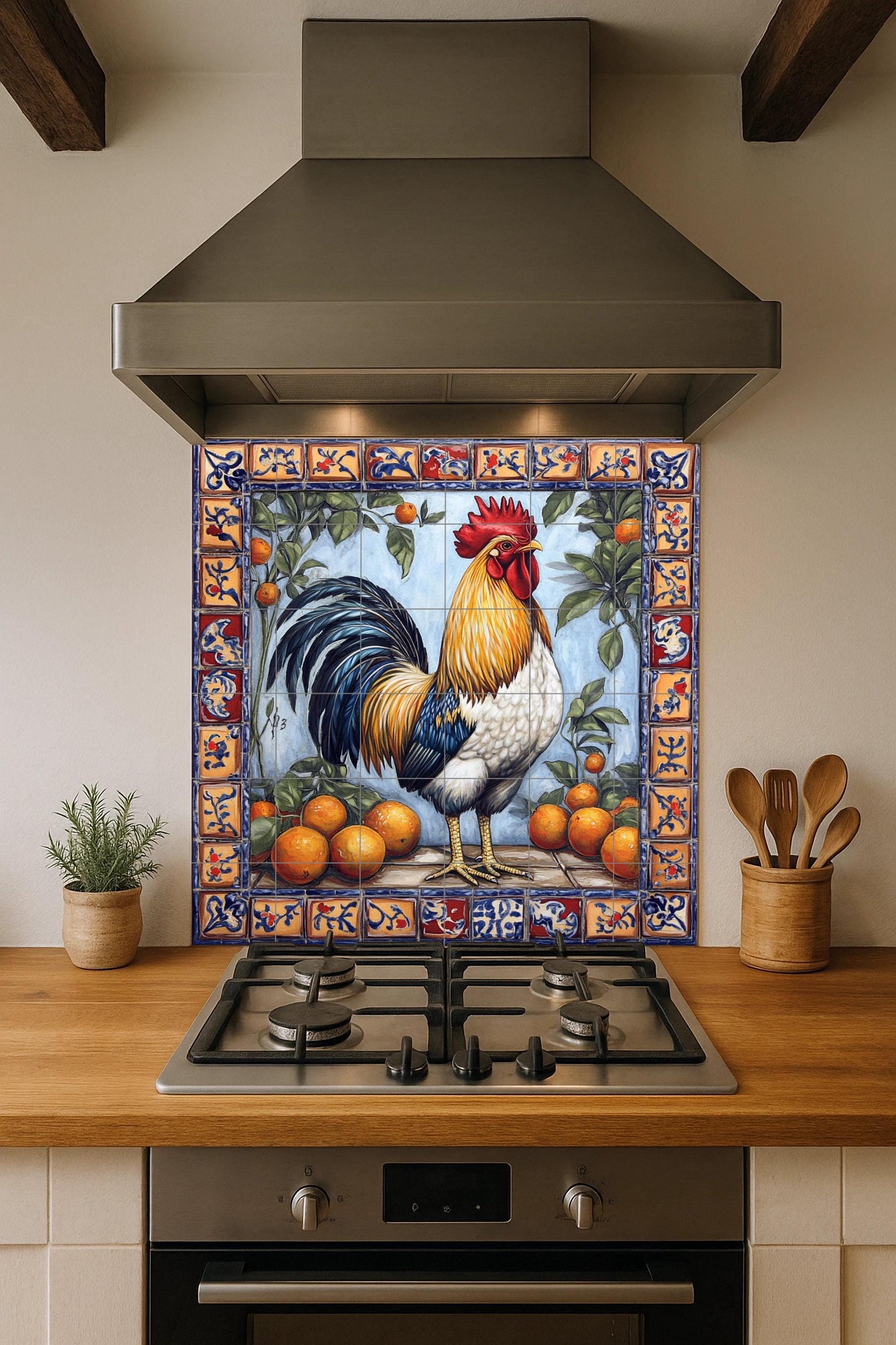 Mediterranean rooster ceramic mural: colorful farm scene with oranges and folk border, Andalusian decorative tile
