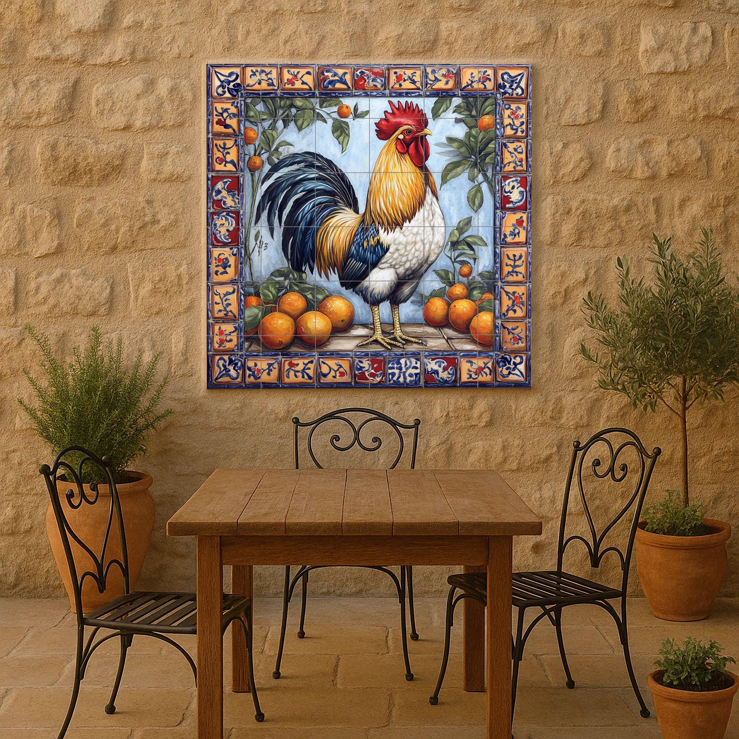 Mediterranean rooster ceramic mural: colorful farm scene with oranges and folk border, Andalusian decorative tile