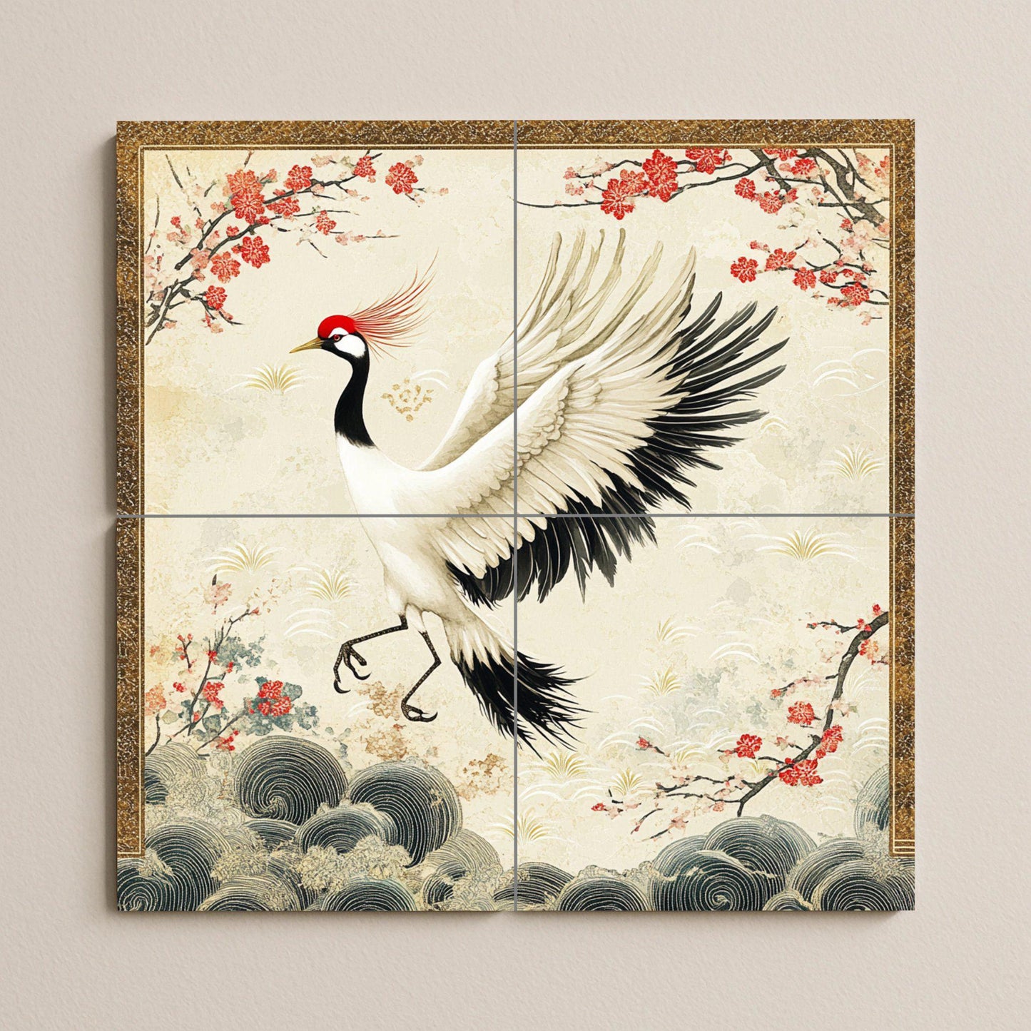 Japanese crane ceramic mural: red-crowned crane with cherry blossoms and golden clouds, an elegant oriental design that evokes peace and grace.