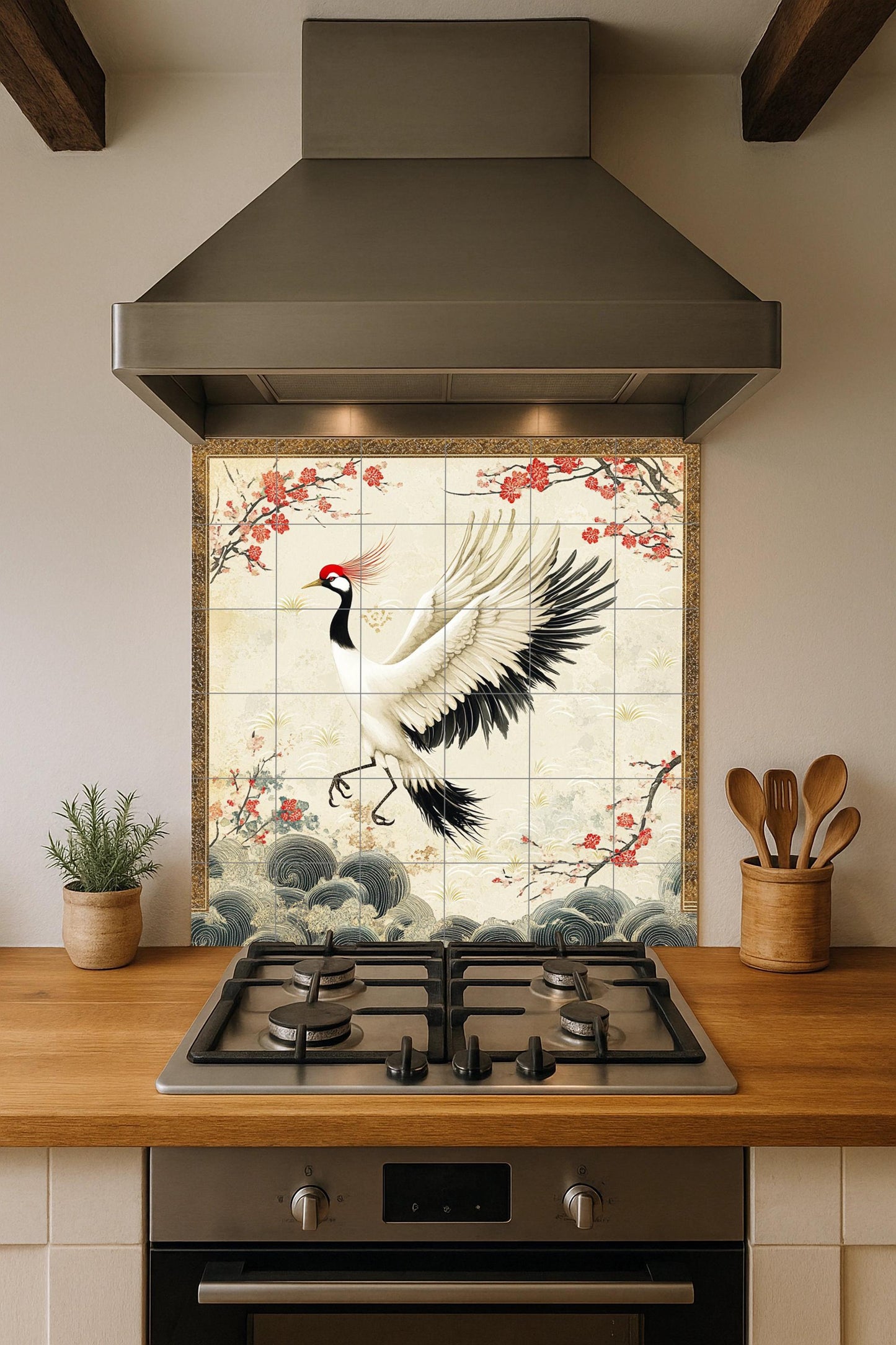 Japanese crane ceramic mural: red-crowned crane with cherry blossoms and golden clouds, an elegant oriental design that evokes peace and grace.