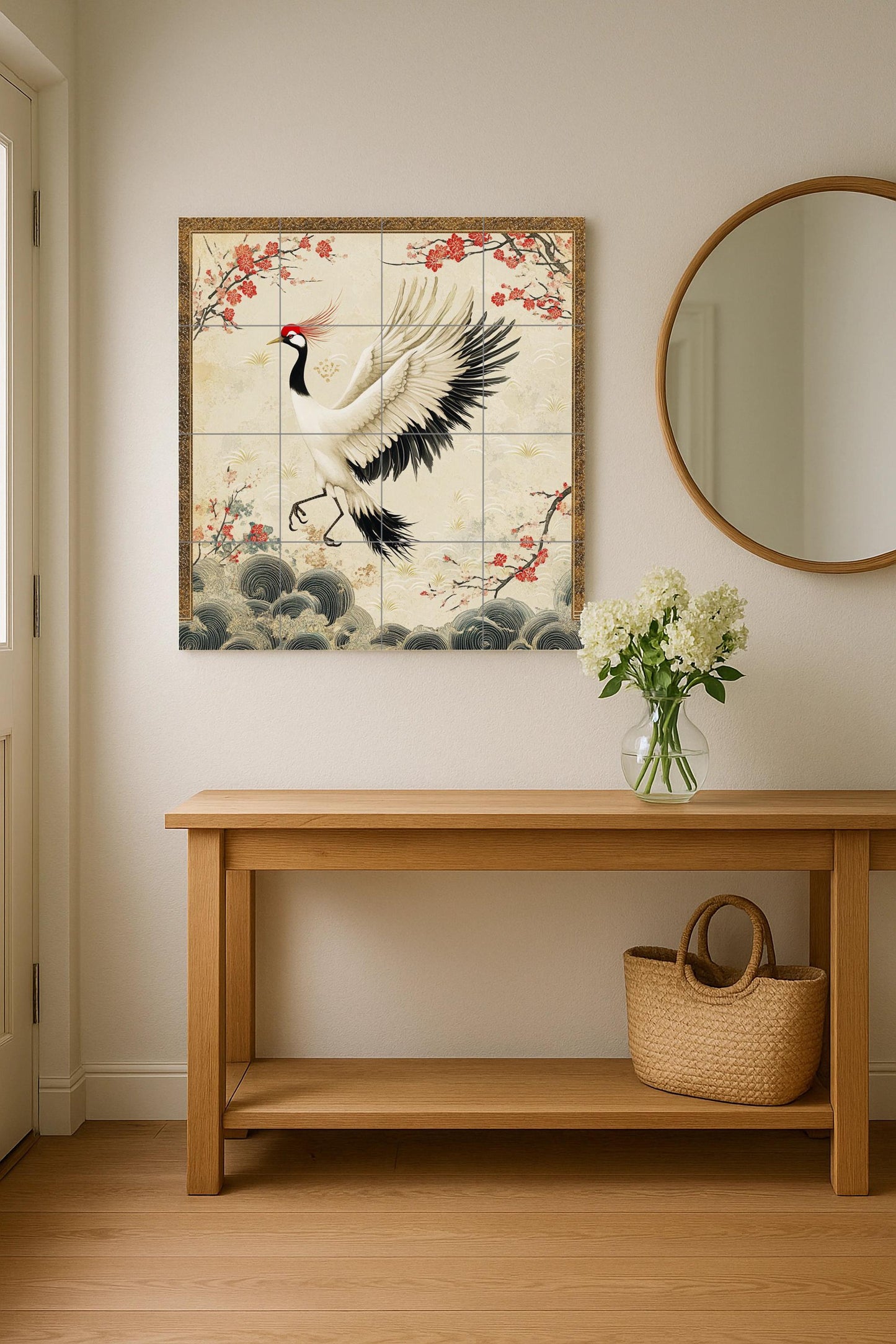 Japanese crane ceramic mural: red-crowned crane with cherry blossoms and golden clouds, an elegant oriental design that evokes peace and grace.