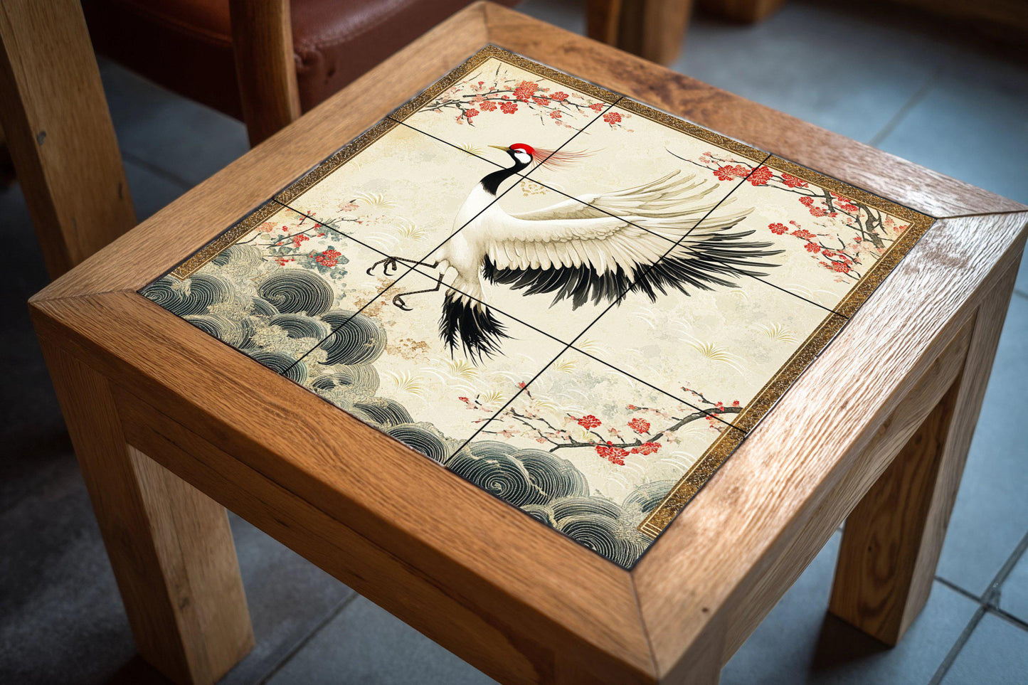 Japanese crane ceramic mural: red-crowned crane with cherry blossoms and golden clouds, an elegant oriental design that evokes peace and grace.