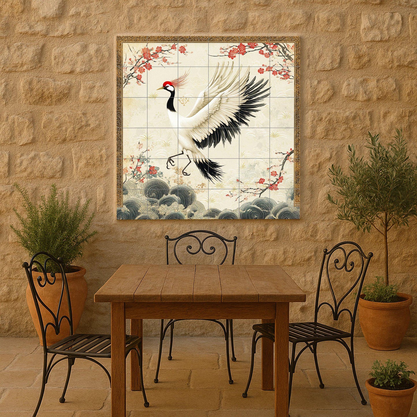 Japanese crane ceramic mural: red-crowned crane with cherry blossoms and golden clouds, an elegant oriental design that evokes peace and grace.