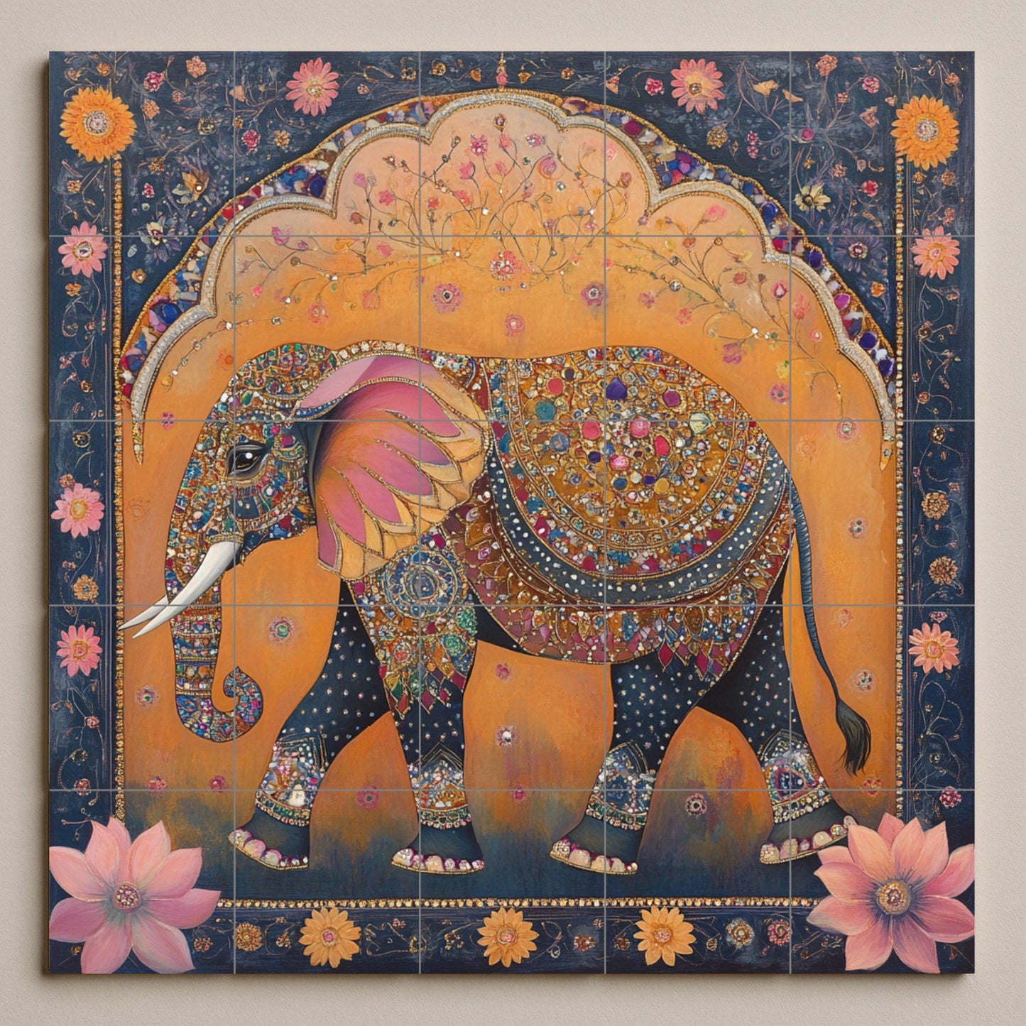 Royal Jaipur Elephant Ceramic Mural: Indian heritage ornamental design with jewel and lotus motifs in gold and indigo.