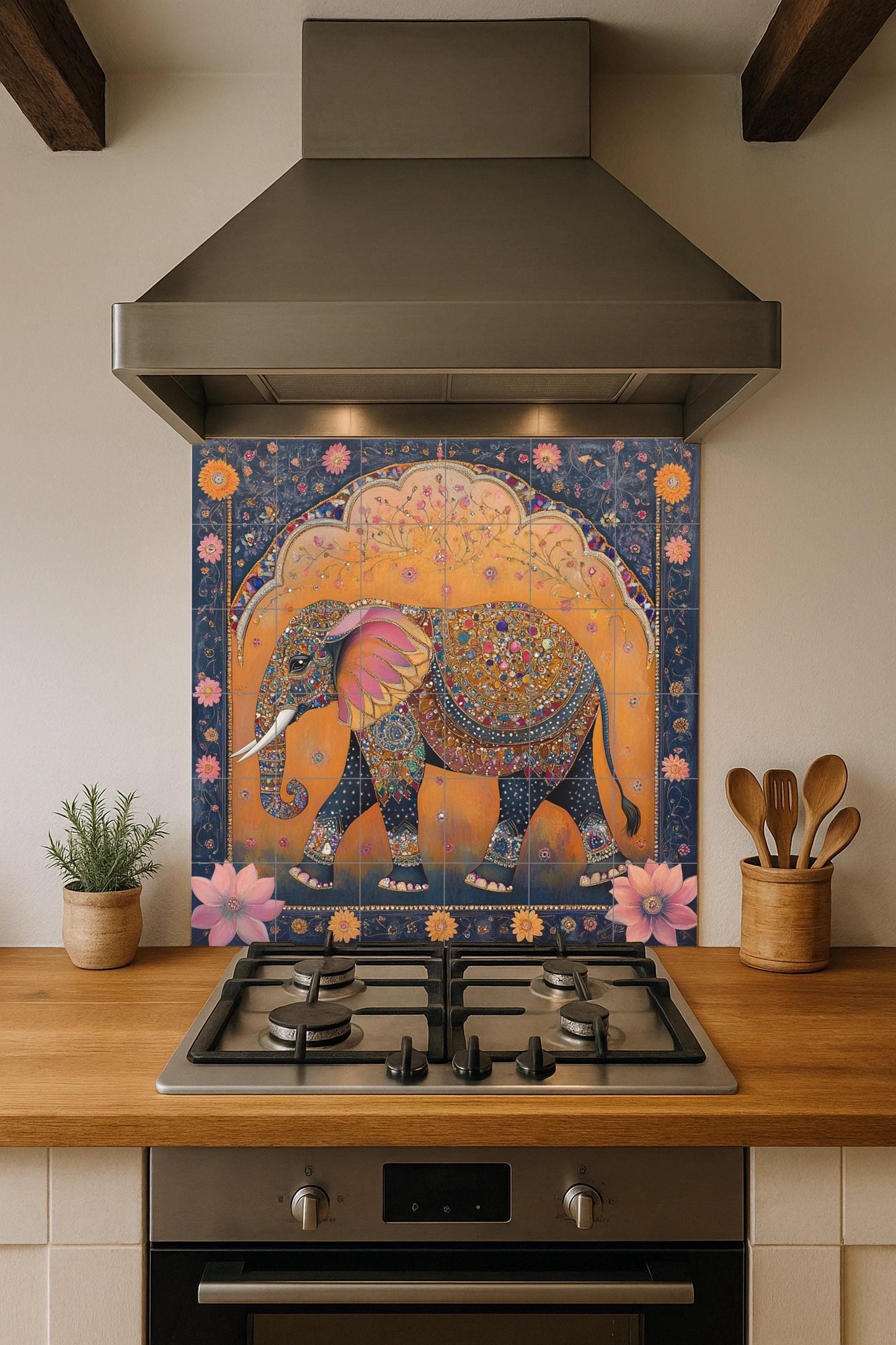 Royal Jaipur Elephant Ceramic Mural: Indian heritage ornamental design with jewel and lotus motifs in gold and indigo.
