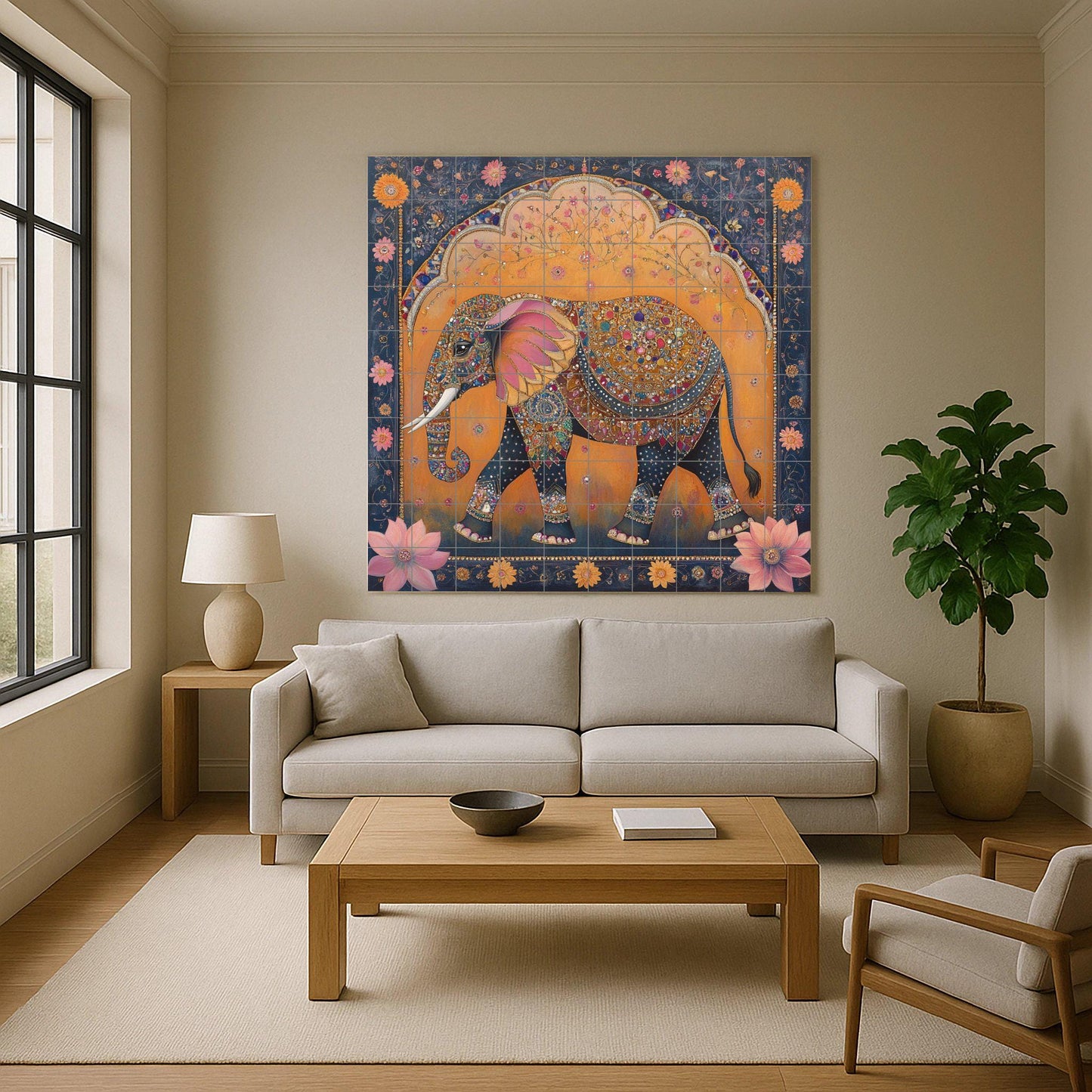Royal Jaipur Elephant Ceramic Mural: Indian heritage ornamental design with jewel and lotus motifs in gold and indigo.