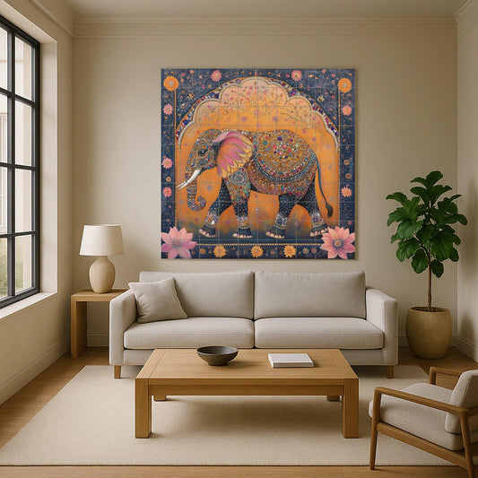Royal Jaipur Elephant Ceramic Mural: Indian heritage ornamental design with jewel and lotus motifs in gold and indigo.