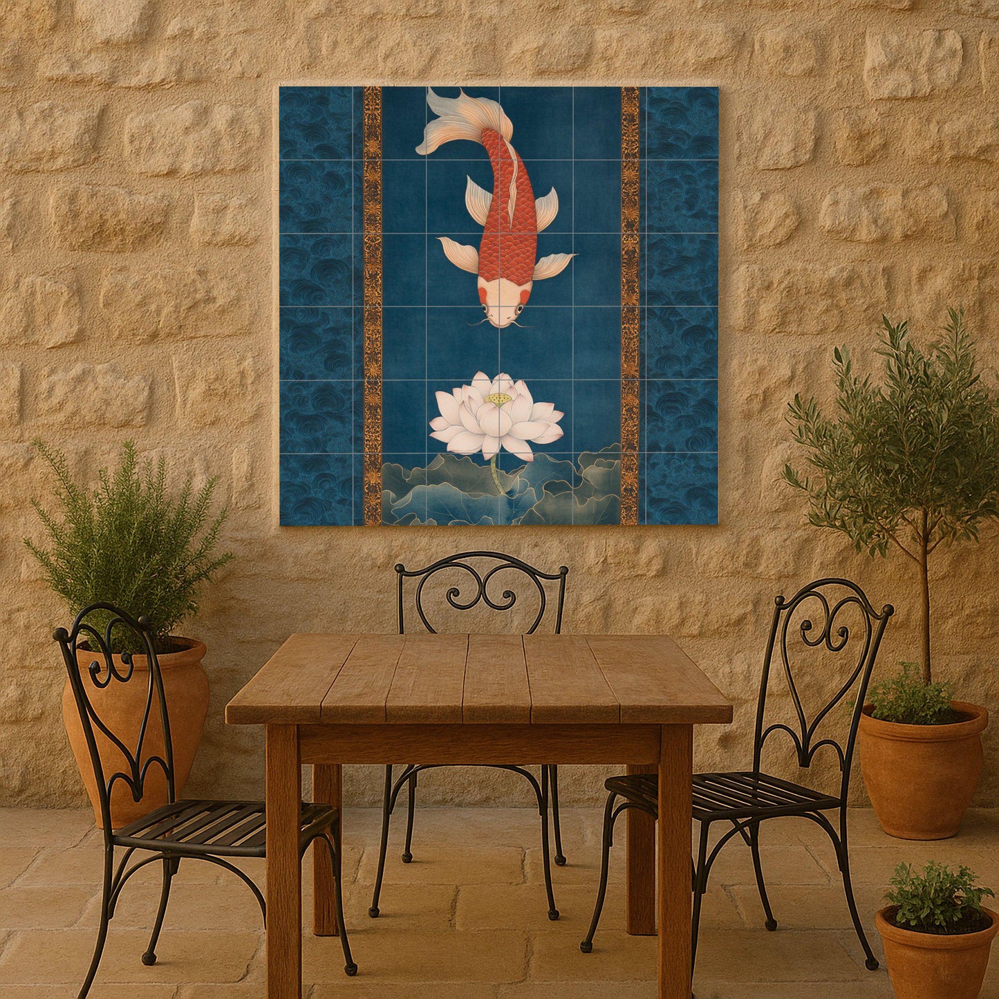Ceramic mural of lotus and koi: red carp on a blooming white lotus, intense indigo waters with golden details, serenity of Asian inspiration.