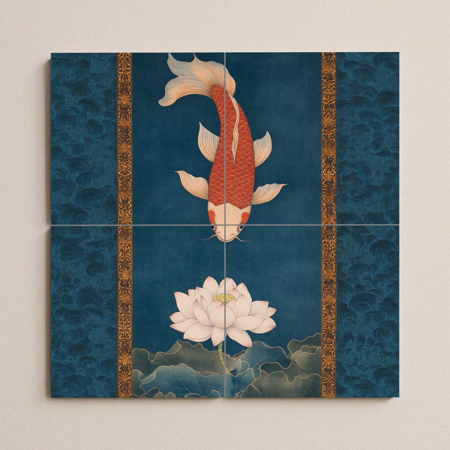 Ceramic mural of lotus and koi: red carp on a blooming white lotus, intense indigo waters with golden details, serenity of Asian inspiration.