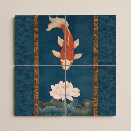 Ceramic mural of lotus and koi: red carp on a blooming white lotus, intense indigo waters with golden details, serenity of Asian inspiration.