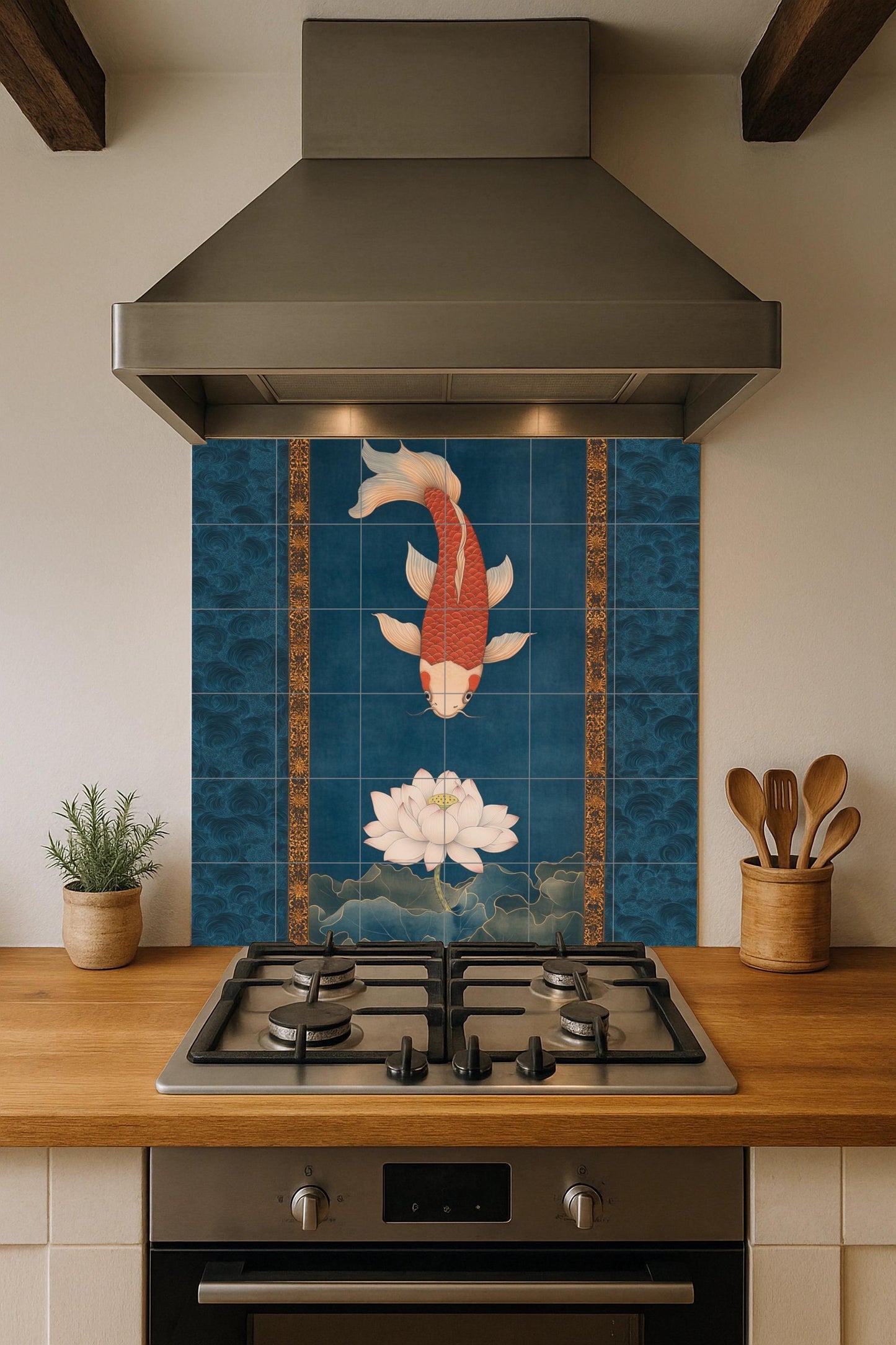 Ceramic mural of lotus and koi: red carp on a blooming white lotus, intense indigo waters with golden details, serenity of Asian inspiration.