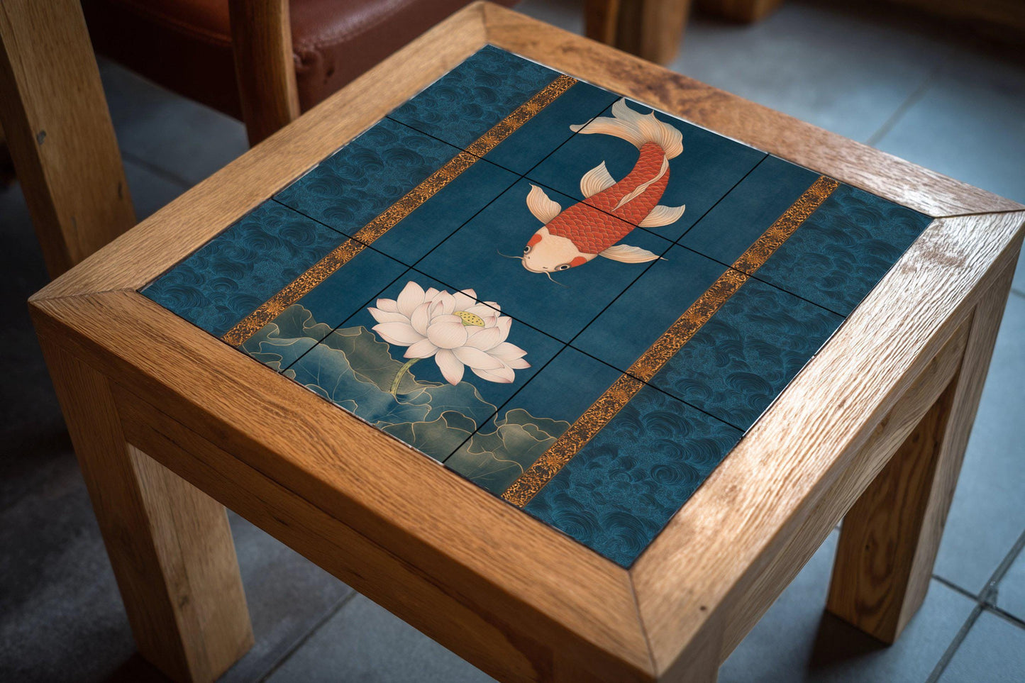 Ceramic mural of lotus and koi: red carp on a blooming white lotus, intense indigo waters with golden details, serenity of Asian inspiration.