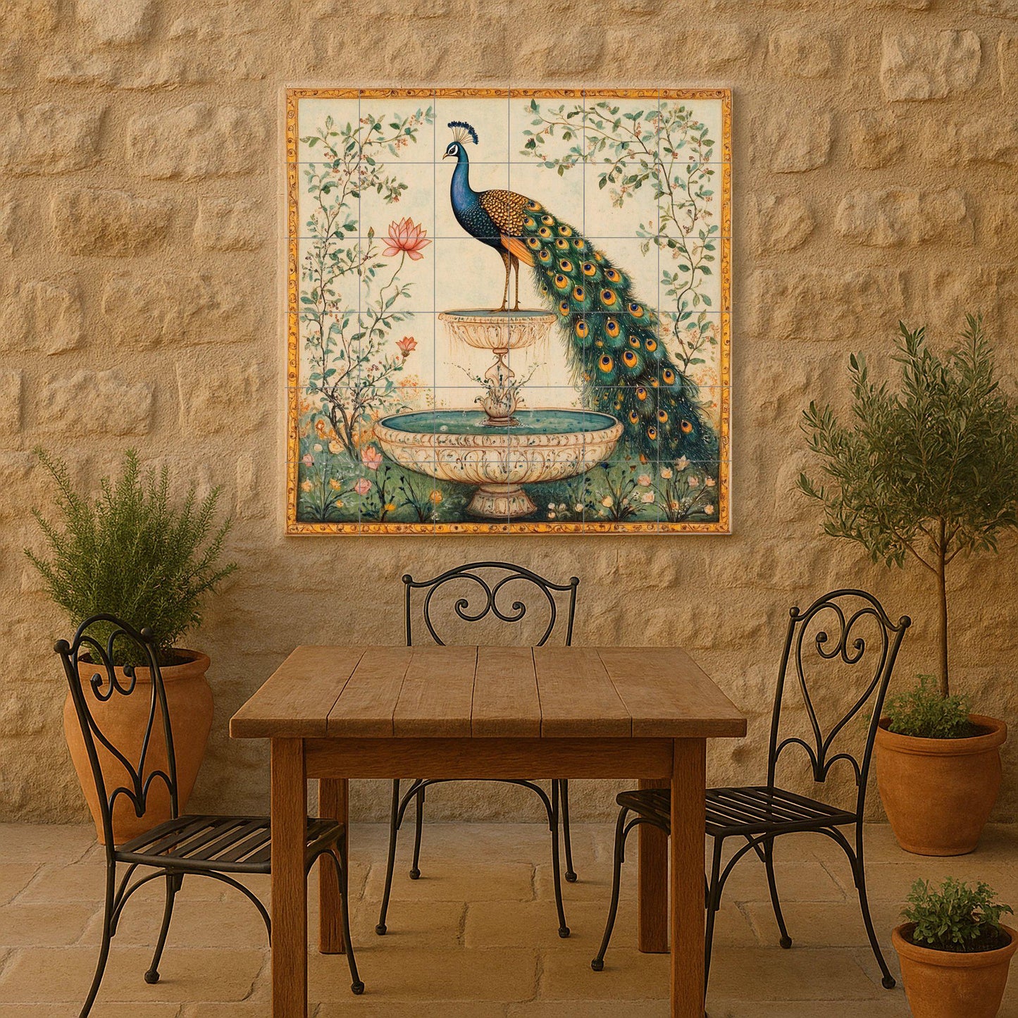 Ceramic mural with Indian peacock fountain: majestic bird among lotus flowers and garden vines, handcrafted design with golden details.