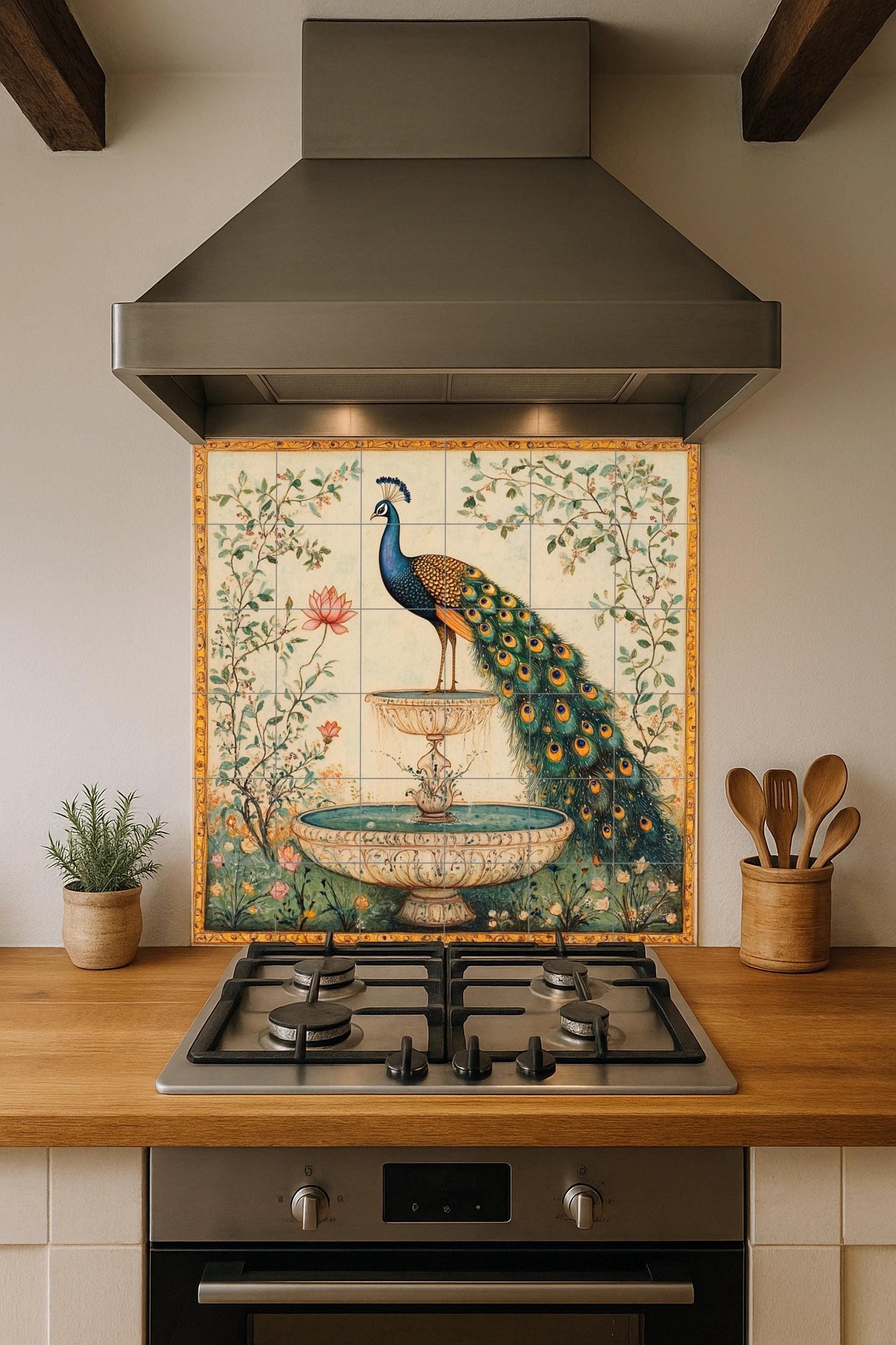 Ceramic mural with Indian peacock fountain: majestic bird among lotus flowers and garden vines, handcrafted design with golden details.