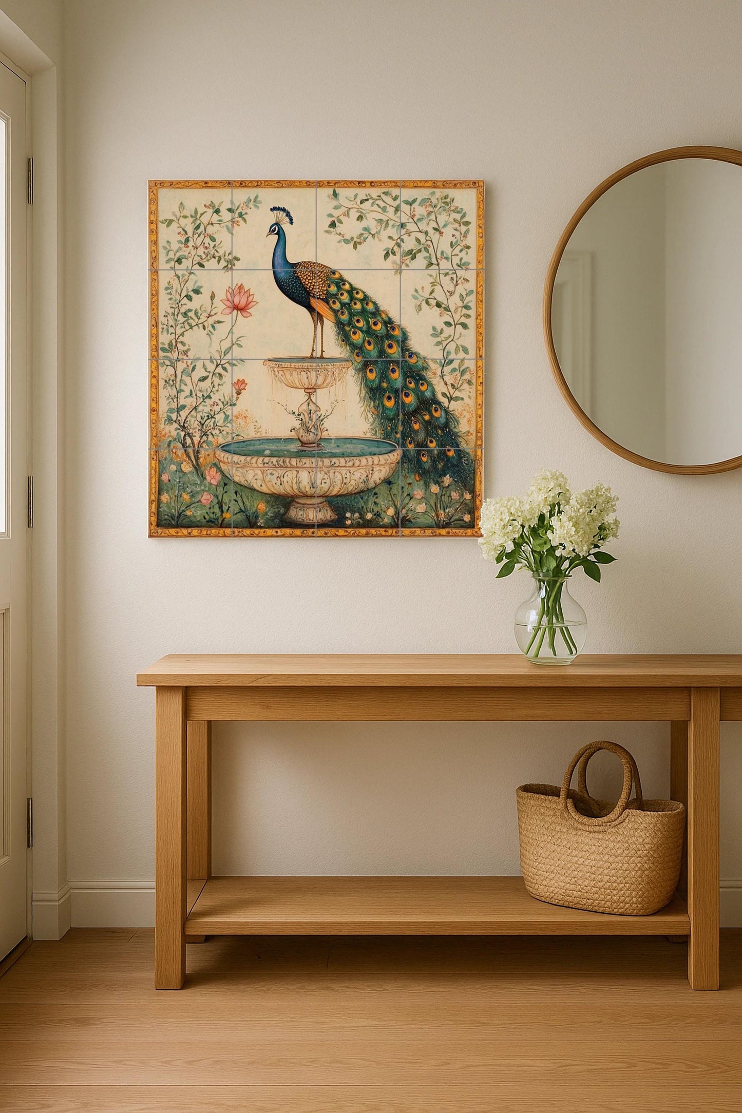 Ceramic mural with Indian peacock fountain: majestic bird among lotus flowers and garden vines, handcrafted design with golden details.