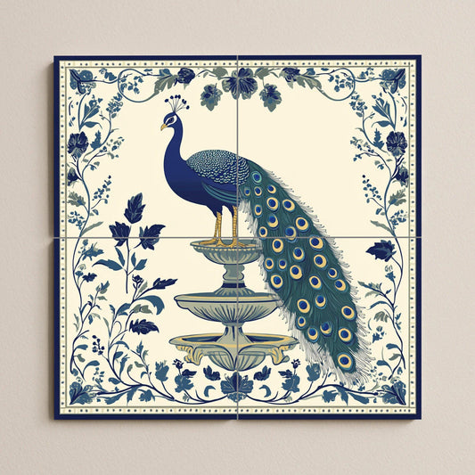 Imperial Peacock Ceramic Mural: Blue and ivory fountain scene with floral ornamentation, elegant decorative art in classic style.