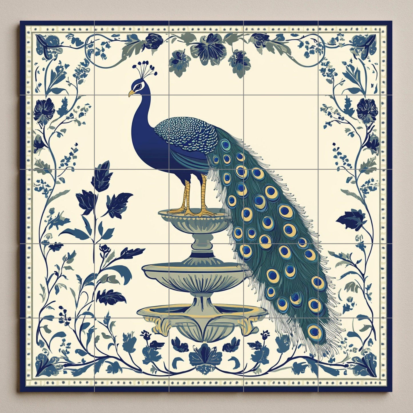 Imperial Peacock Ceramic Mural: Blue and ivory fountain scene with floral ornamentation, elegant decorative art in classic style.