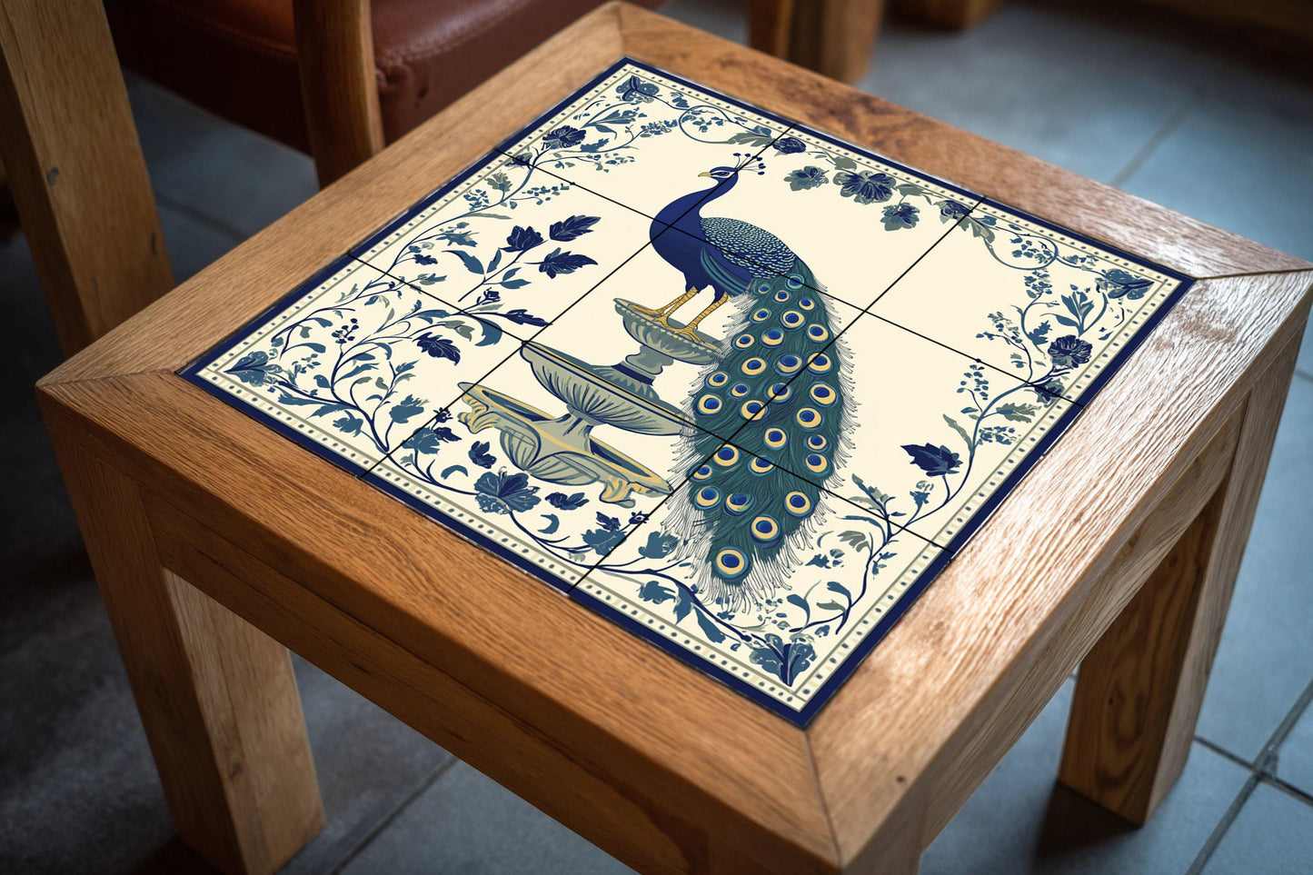 Imperial Peacock Ceramic Mural: Blue and ivory fountain scene with floral ornamentation, elegant decorative art in classic style.
