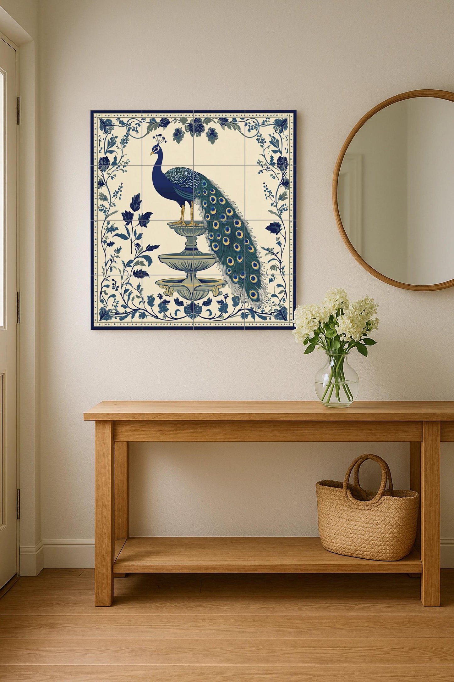 Imperial Peacock Ceramic Mural: Blue and ivory fountain scene with floral ornamentation, elegant decorative art in classic style.