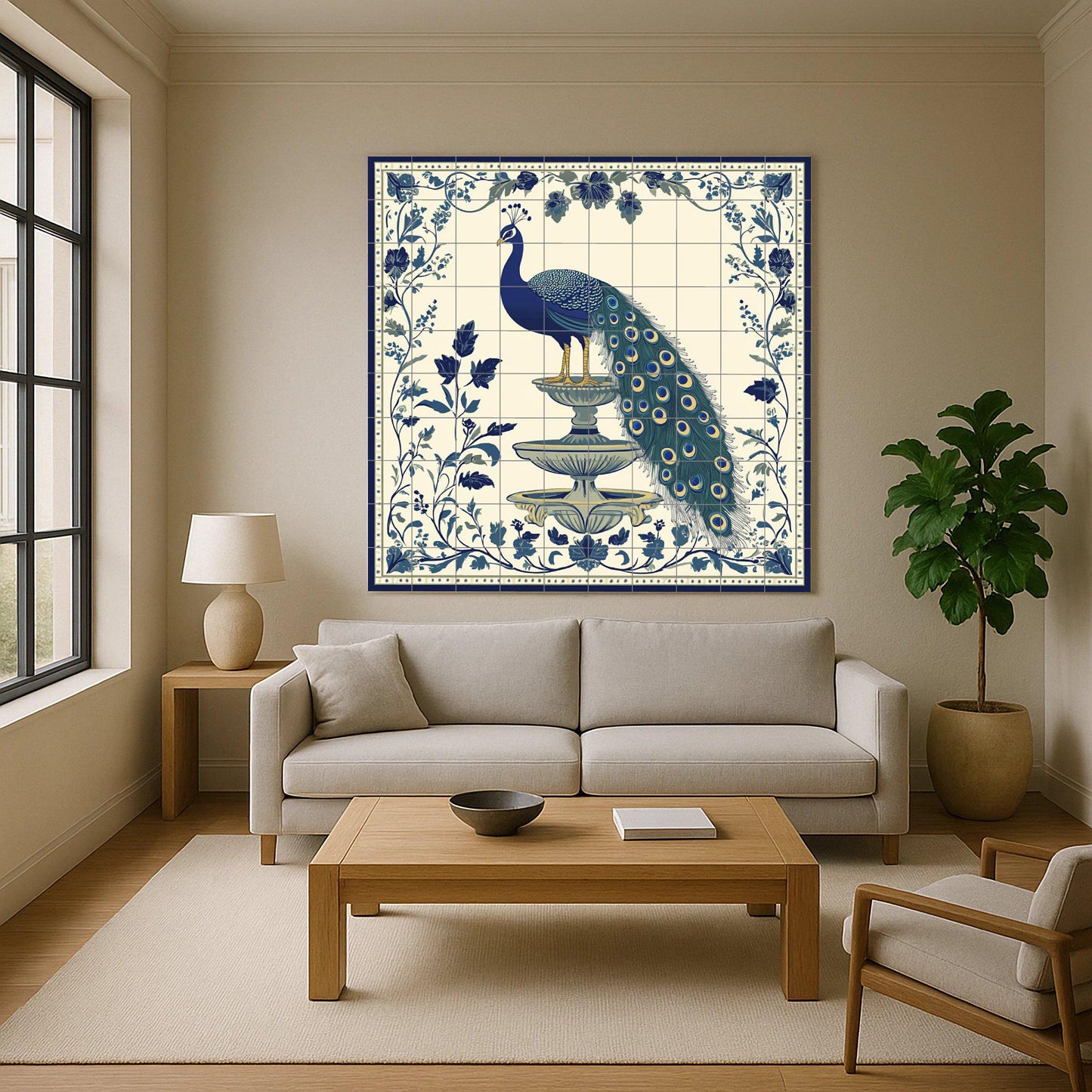 Imperial Peacock Ceramic Mural: Blue and ivory fountain scene with floral ornamentation, elegant decorative art in classic style.