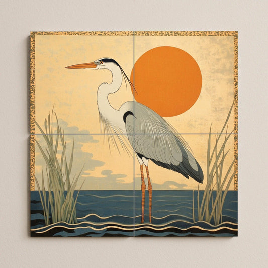 Golden Horizon ceramic mural: Elegant heron by the water with the rising sun. Minimalist design inspired by Japanese art in warm earth tones.