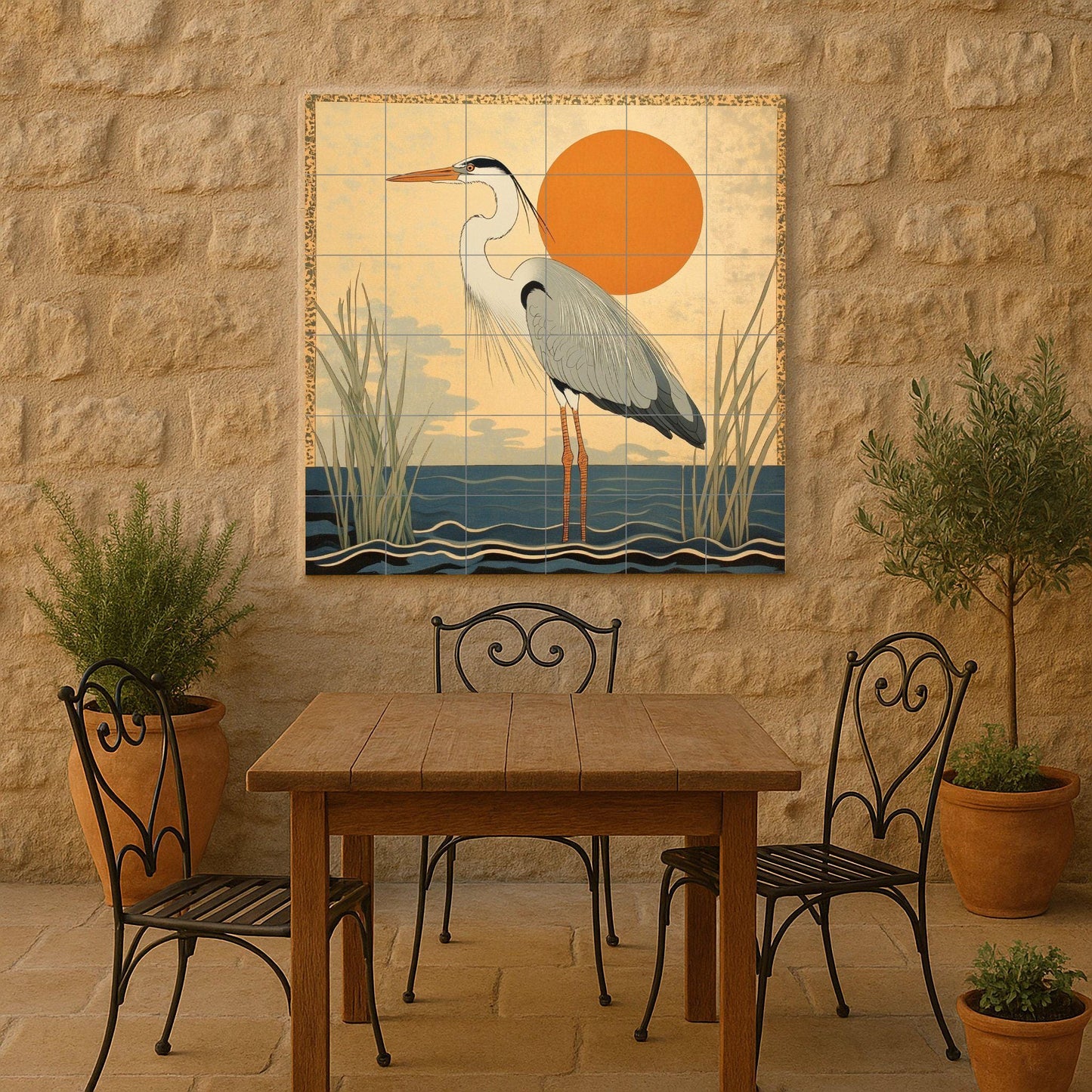 Golden Horizon ceramic mural: Elegant heron by the water with the rising sun. Minimalist design inspired by Japanese art in warm earth tones.