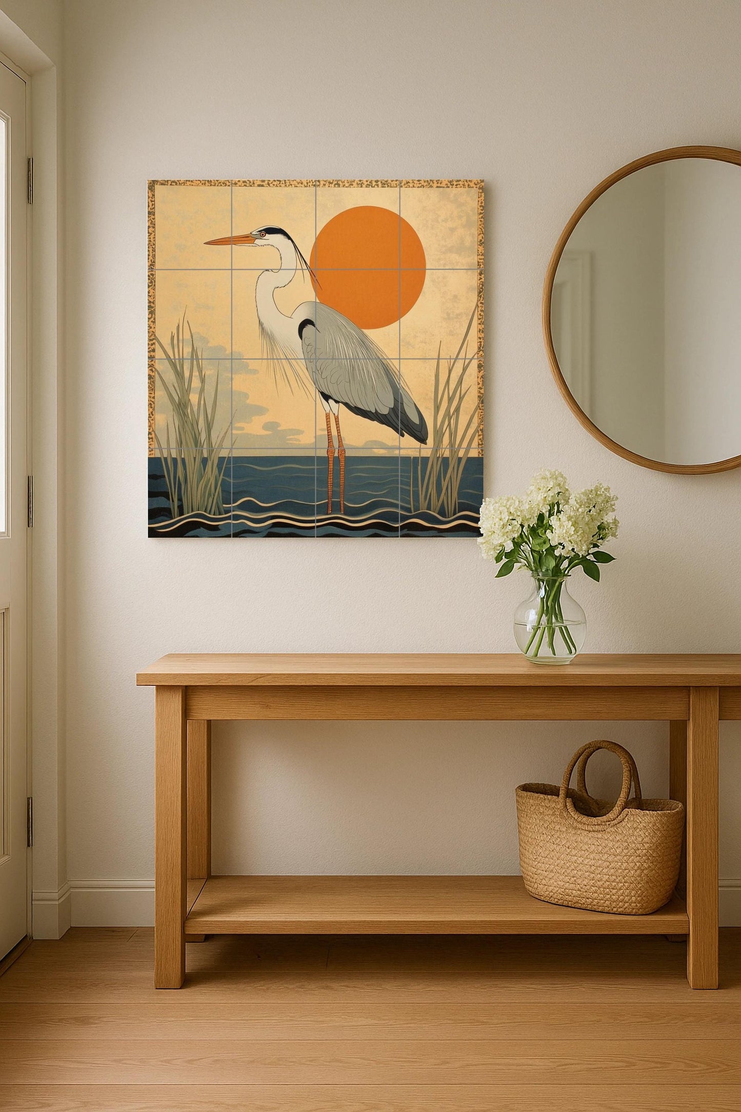 Golden Horizon ceramic mural: Elegant heron by the water with the rising sun. Minimalist design inspired by Japanese art in warm earth tones.