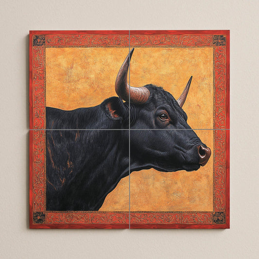 Ceramic mural from Las Ventas, Madrid: Portrait of a black bull with ornate red frame and gold background, Spanish heritage art tile