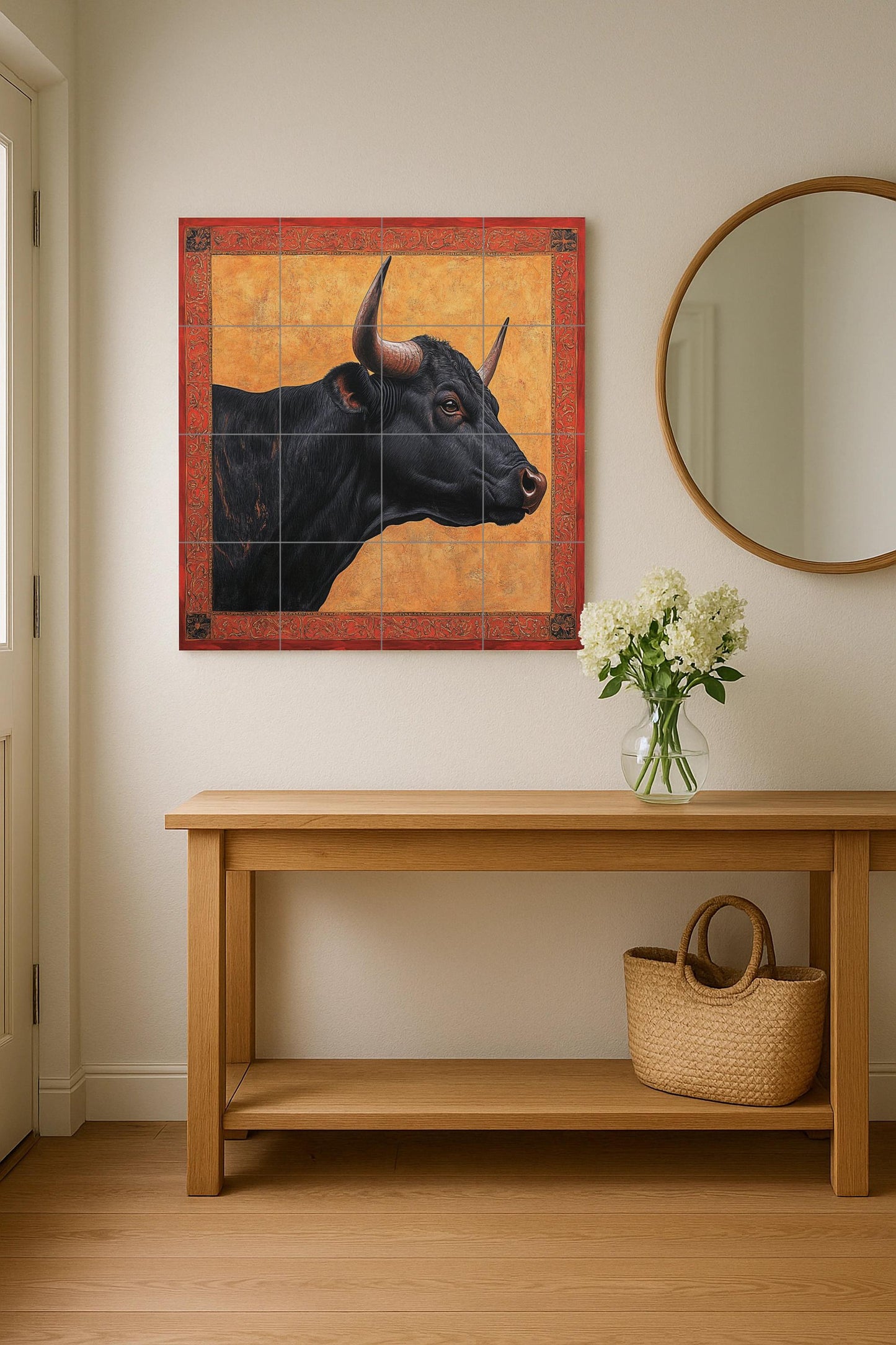 Ceramic mural from Las Ventas, Madrid: Portrait of a black bull with ornate red frame and gold background, Spanish heritage art tile