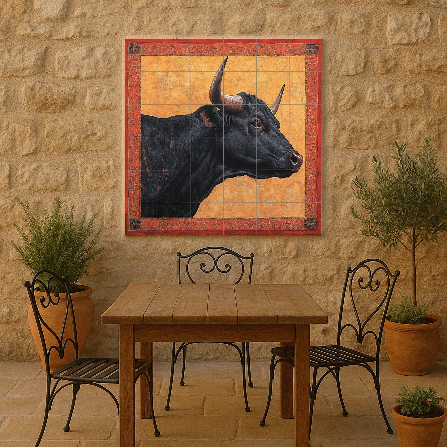 Ceramic mural from Las Ventas, Madrid: Portrait of a black bull with ornate red frame and gold background, Spanish heritage art tile