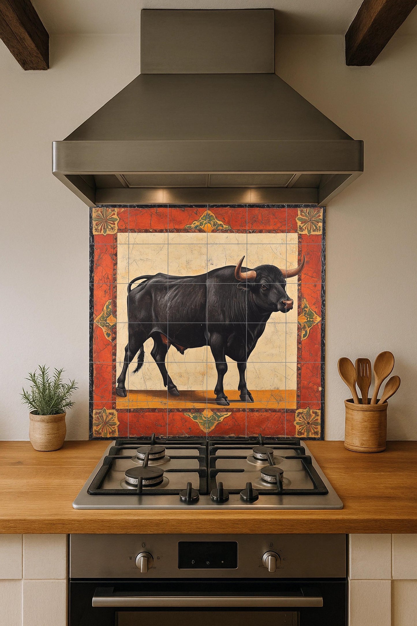 Noble Bull Ceramic Mural: Black Bull with Rustic Frame in Ochre and Red Tones, Classic Symbol of Strength and Elegance