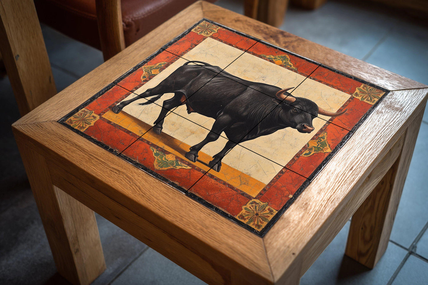 Noble Bull Ceramic Mural: Black Bull with Rustic Frame in Ochre and Red Tones, Classic Symbol of Strength and Elegance