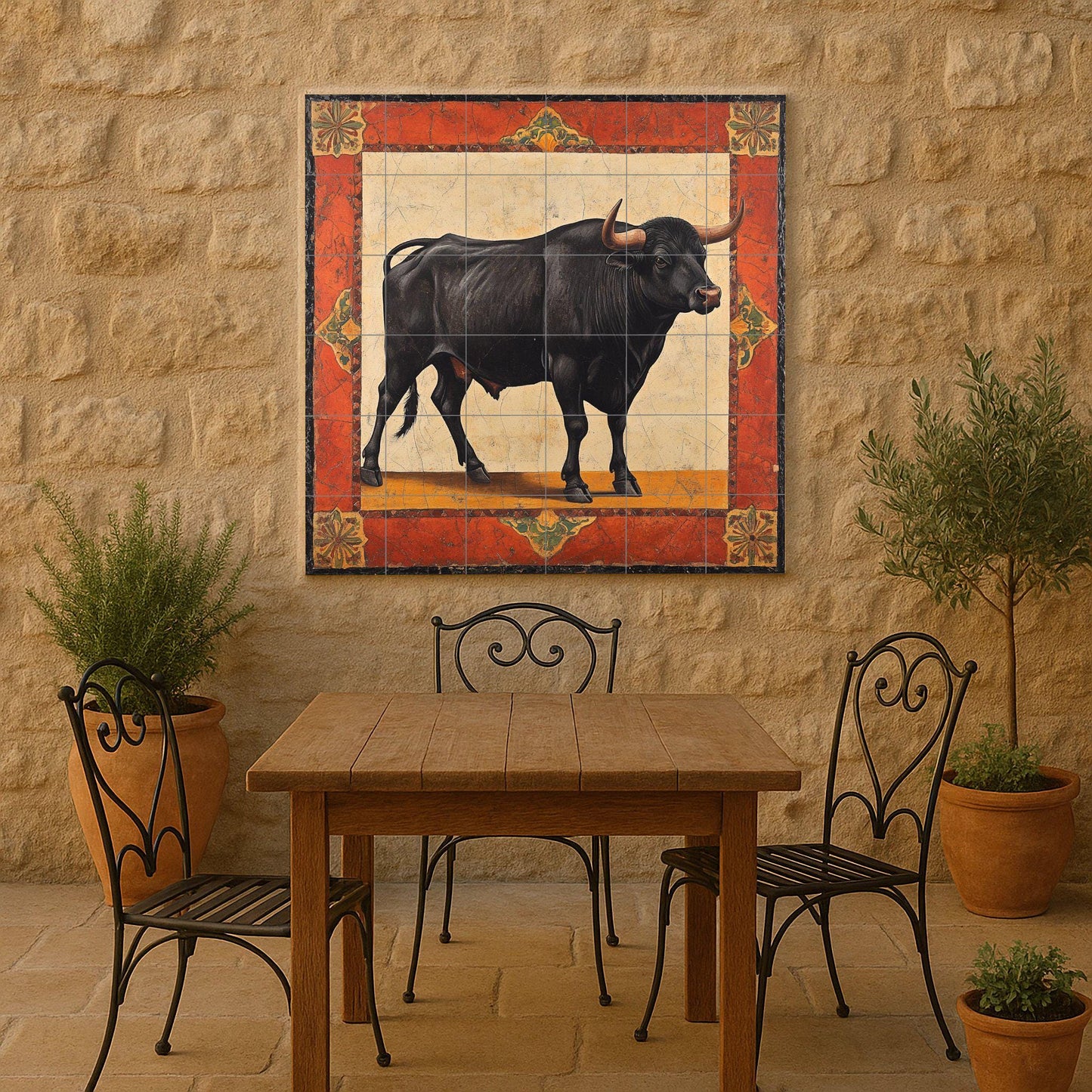 Noble Bull Ceramic Mural: Black Bull with Rustic Frame in Ochre and Red Tones, Classic Symbol of Strength and Elegance