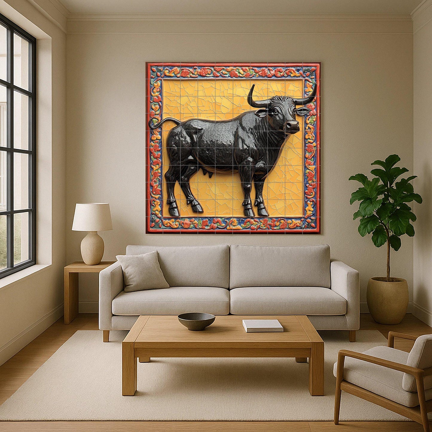 Ceramic mural of a majestic bull: glossy black figure on a gold mosaic background with an ornate border, symbol of strength and legacy.