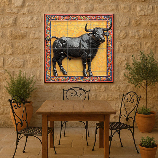 Ceramic mural of a majestic bull: glossy black figure on a gold mosaic background with an ornate border, symbol of strength and legacy.
