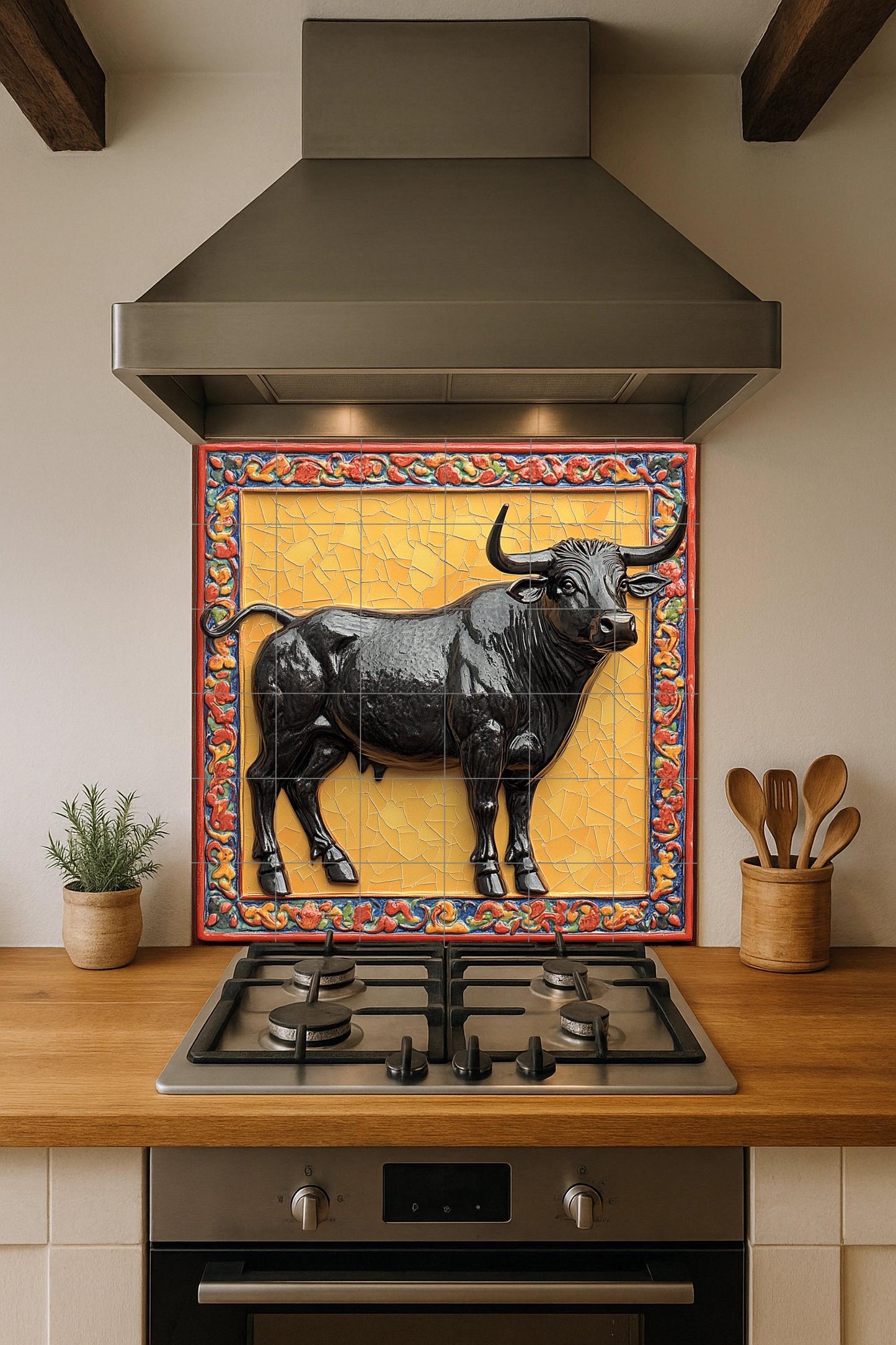 Ceramic mural of a majestic bull: glossy black figure on a gold mosaic background with an ornate border, symbol of strength and legacy.