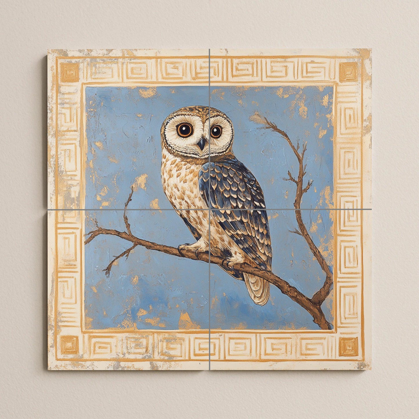 Athenian owl ceramic mural: classic blue and gold motif with perched owl and Greek geometric frame, timeless handcrafted design.