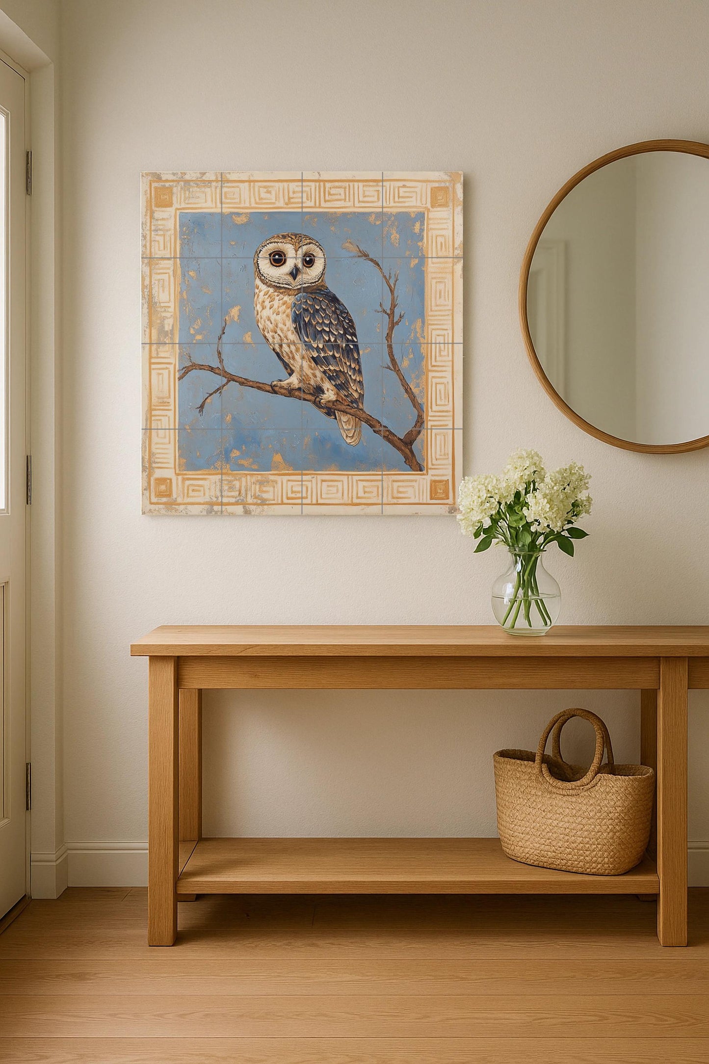Athenian owl ceramic mural: classic blue and gold motif with perched owl and Greek geometric frame, timeless handcrafted design.