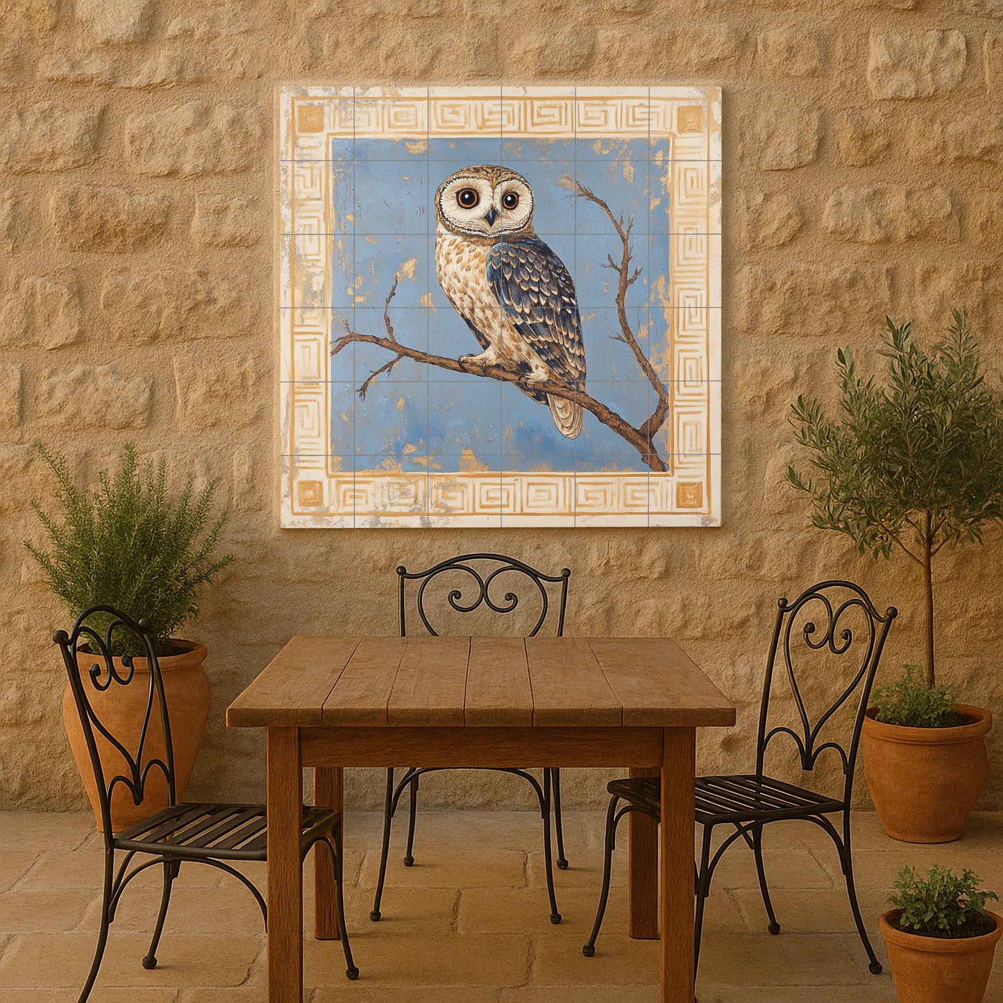 Athenian owl ceramic mural: classic blue and gold motif with perched owl and Greek geometric frame, timeless handcrafted design.