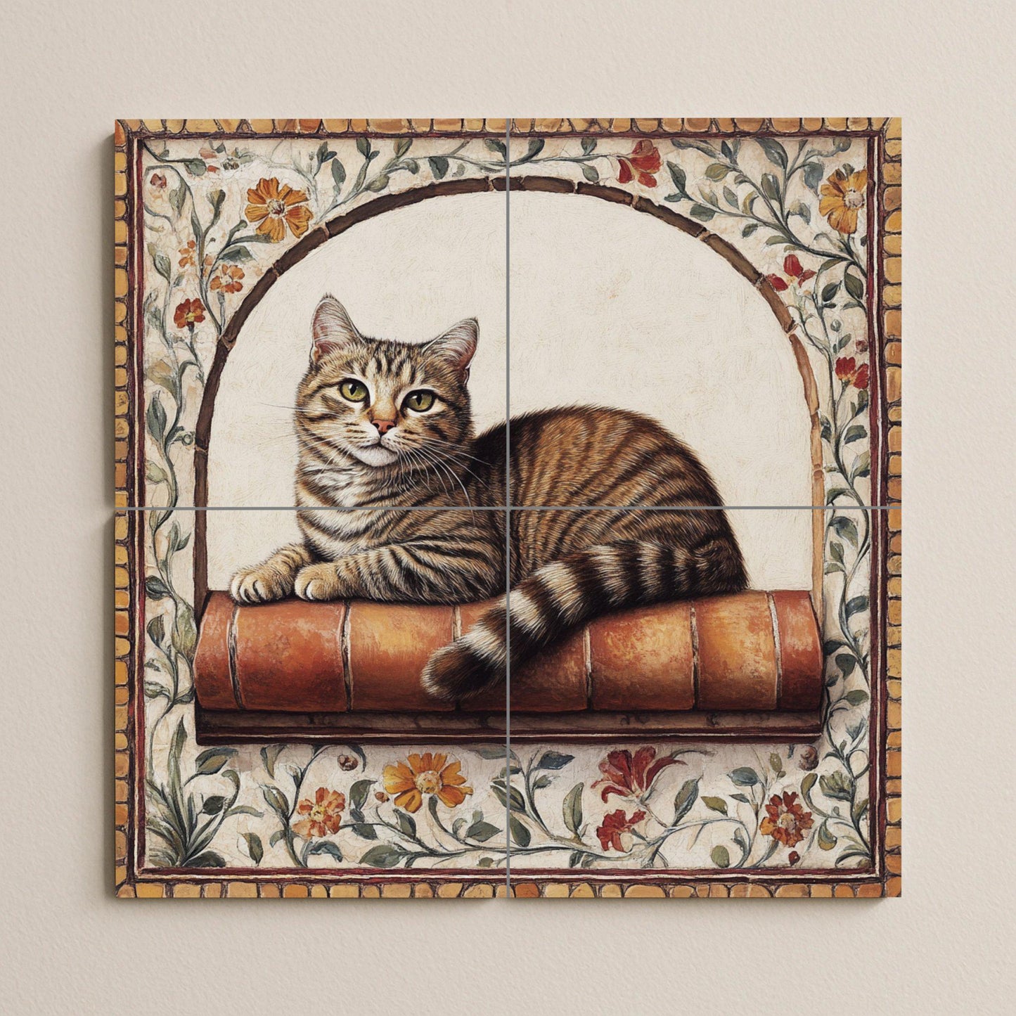 Ceramic mural of a tabby cat: Feline resting on a terracotta shelf with a floral arch, vintage charm and warm artistic details.