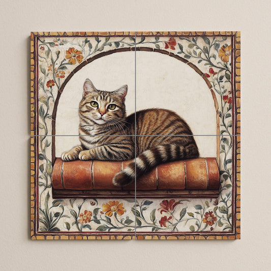 Ceramic mural of a tabby cat: Feline resting on a terracotta shelf with a floral arch, vintage charm and warm artistic details.