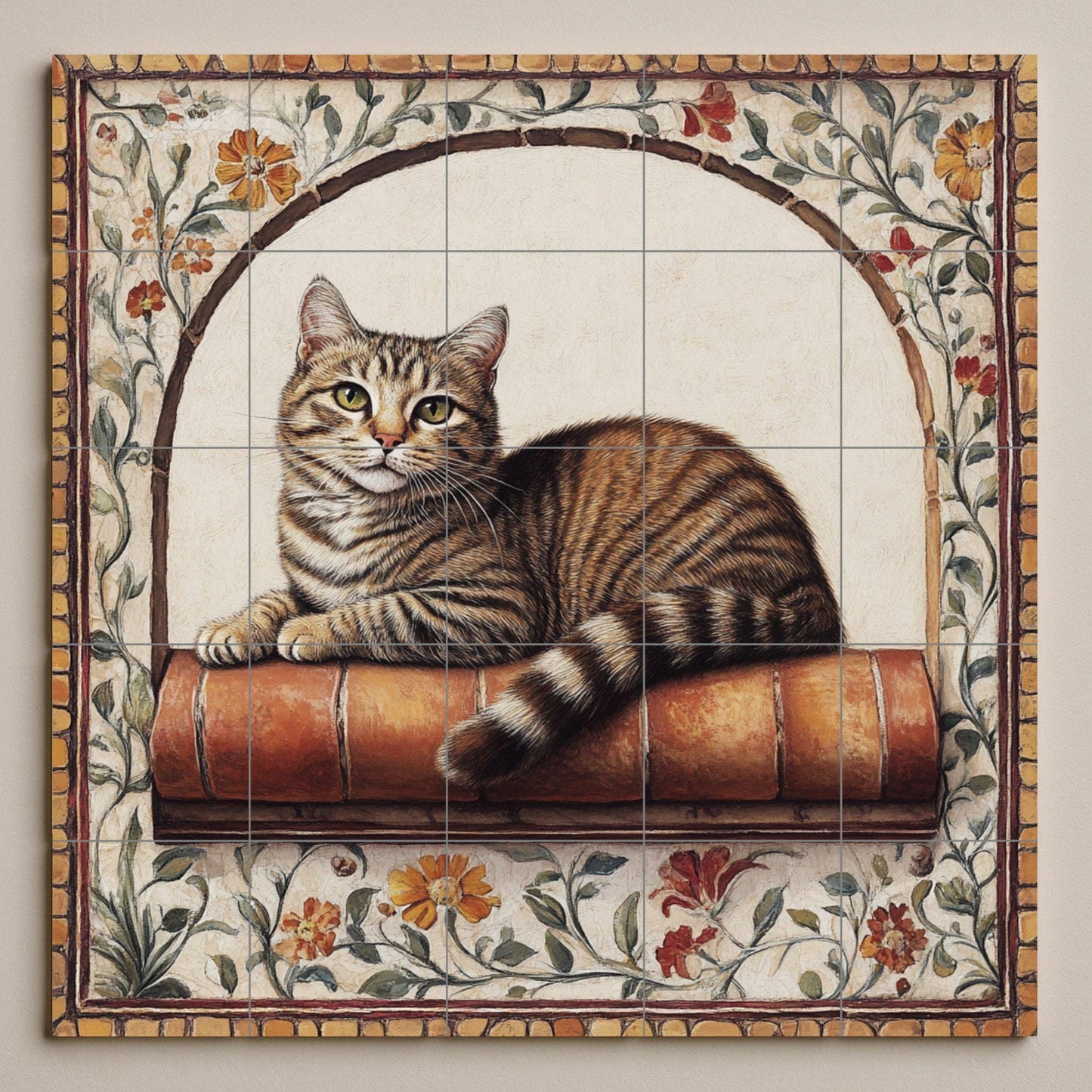 Ceramic mural of a tabby cat: Feline resting on a terracotta shelf with a floral arch, vintage charm and warm artistic details.