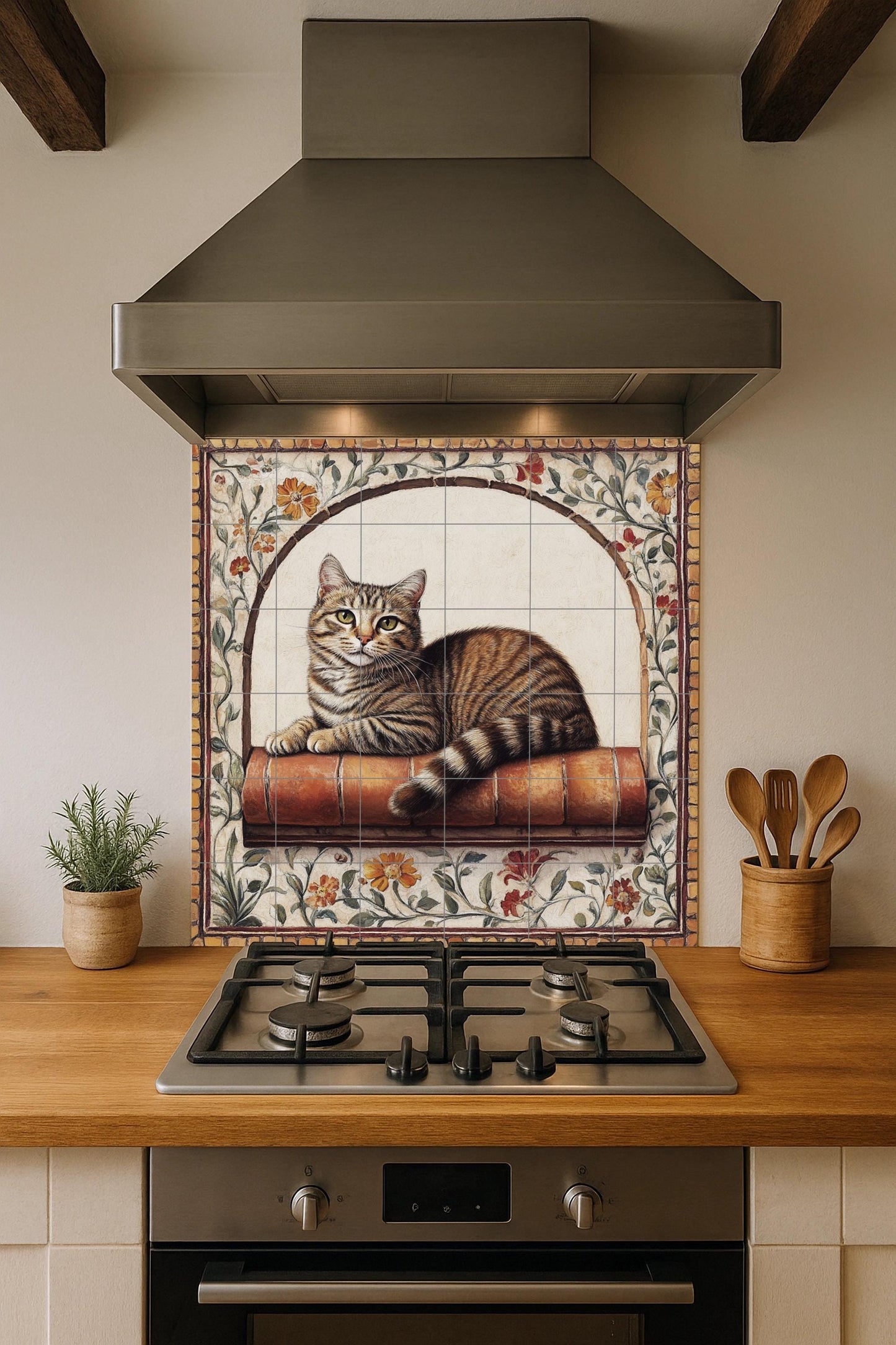 Ceramic mural of a tabby cat: Feline resting on a terracotta shelf with a floral arch, vintage charm and warm artistic details.