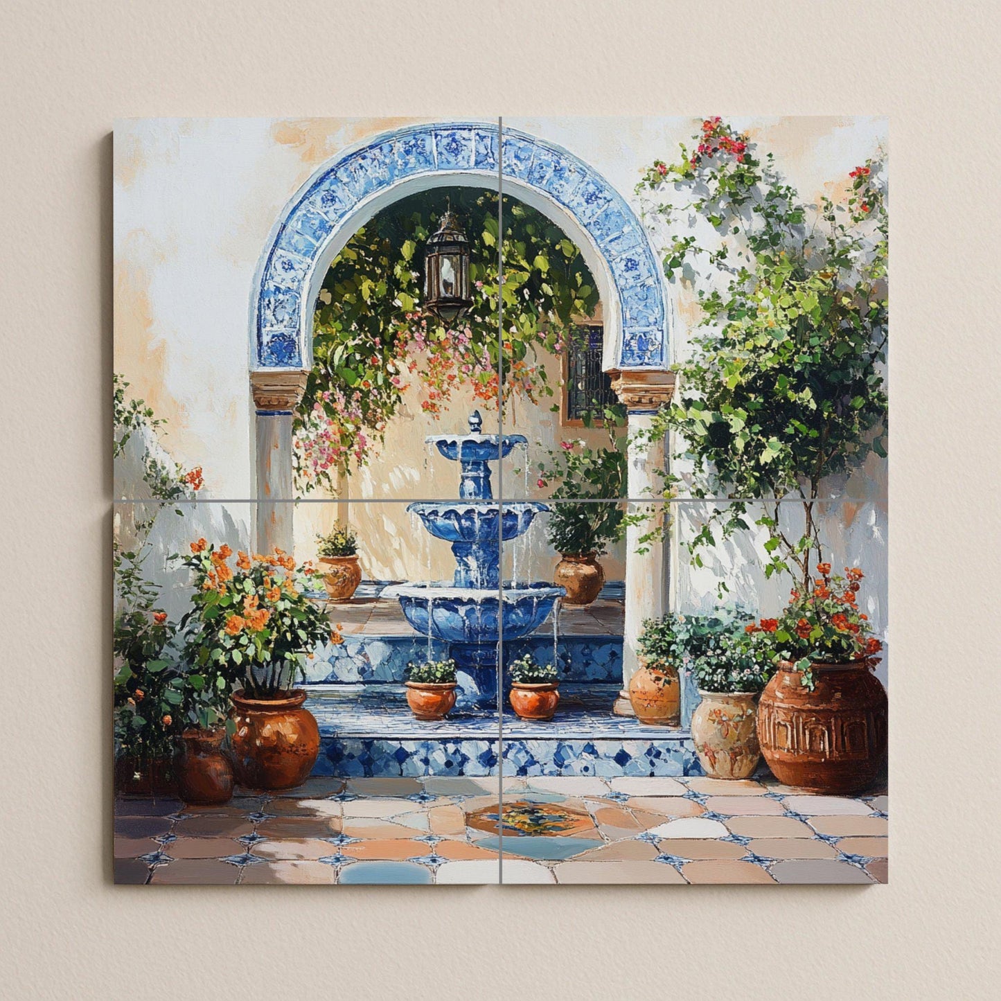 Fountain mural in a Mediterranean courtyard: blue ceramic arch with flowering vines and terracotta pots, Andalusian elegance