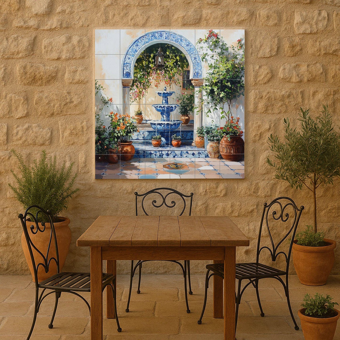 Fountain mural in a Mediterranean courtyard: blue ceramic arch with flowering vines and terracotta pots, Andalusian elegance