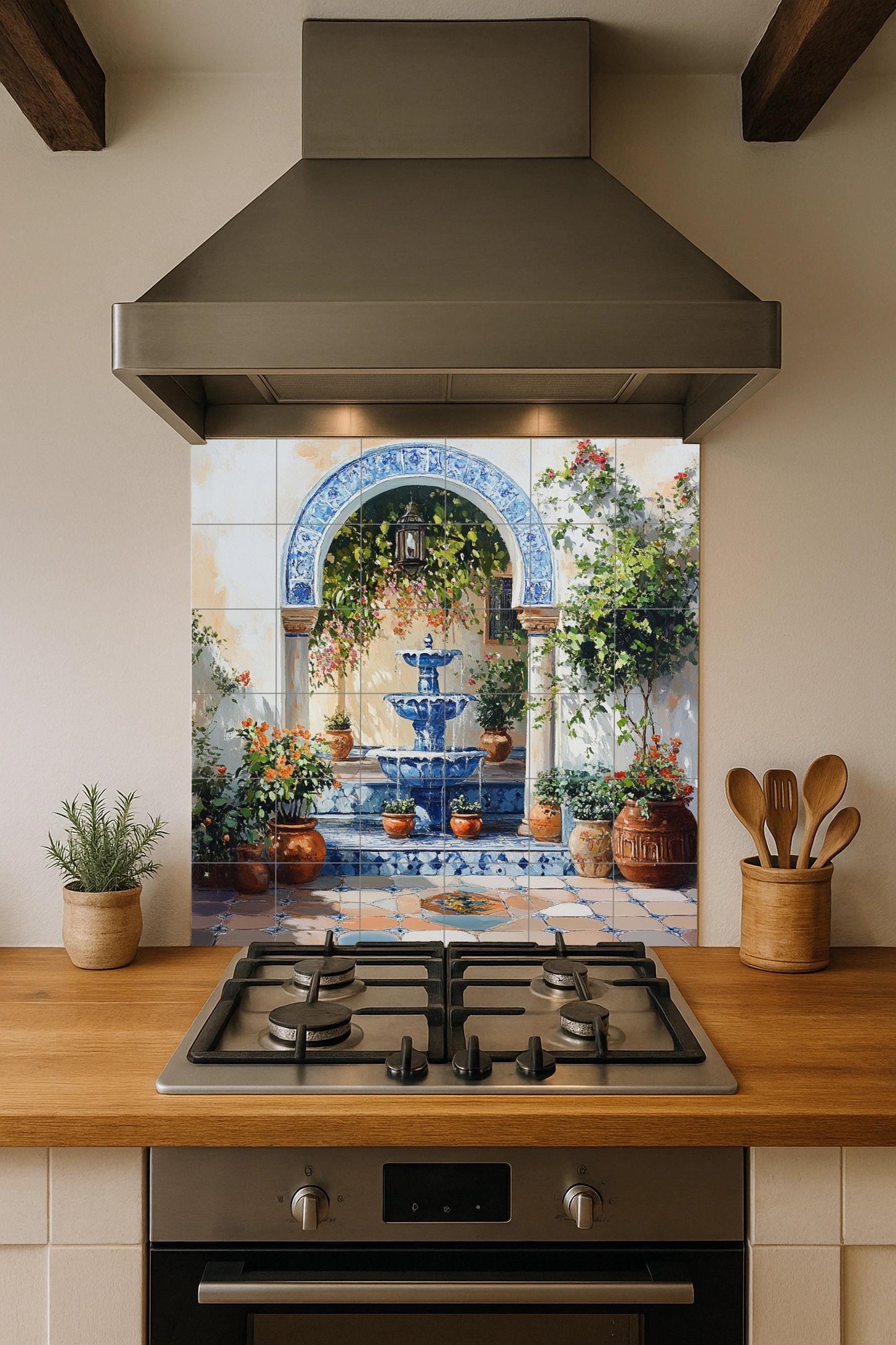 Fountain mural in a Mediterranean courtyard: blue ceramic arch with flowering vines and terracotta pots, Andalusian elegance