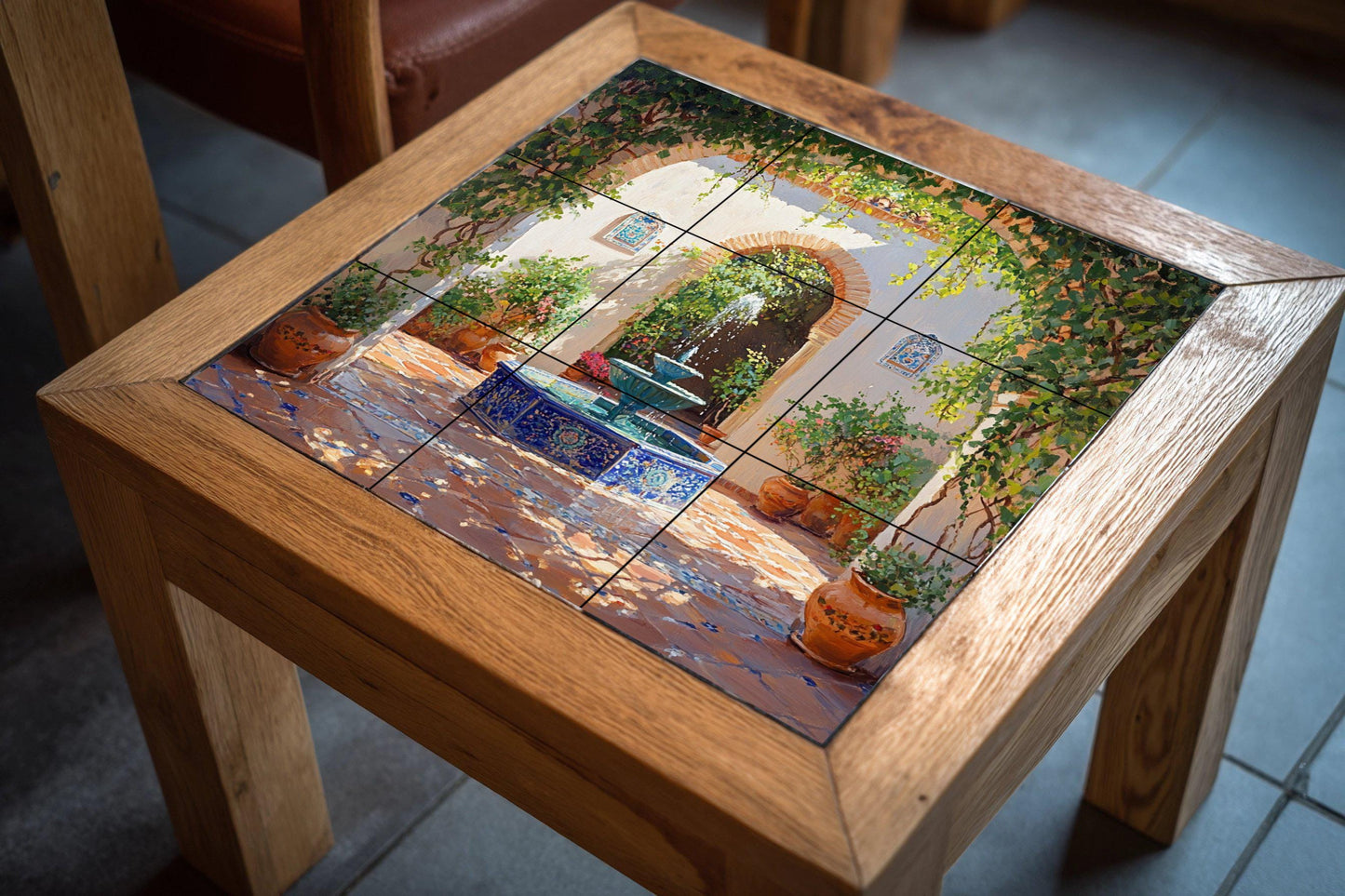 Ceramic mural of an Andalusian patio: Sunny fountain with terracotta pots and vine arches, Mediterranean garden scene