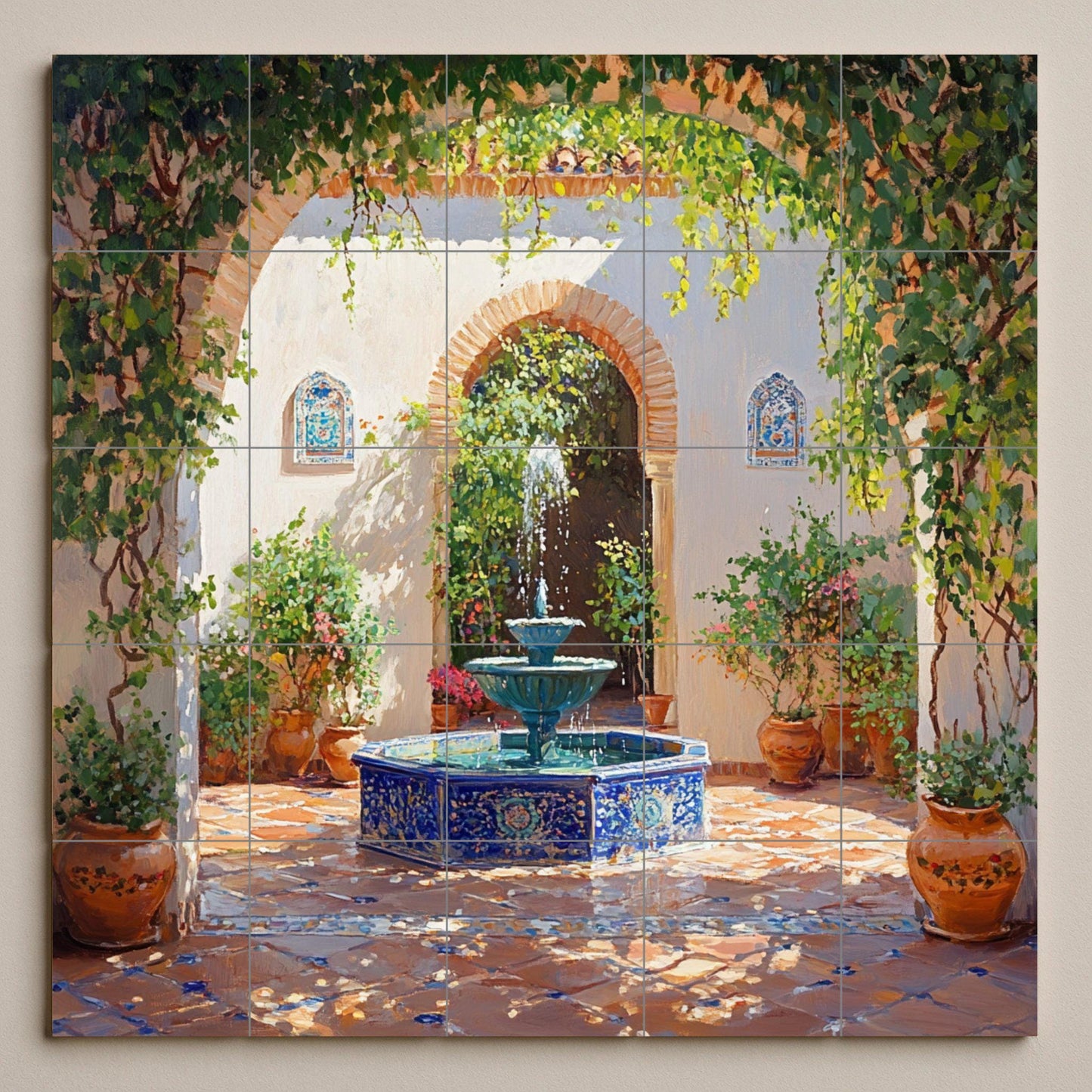 Ceramic mural of an Andalusian patio: Sunny fountain with terracotta pots and vine arches, Mediterranean garden scene